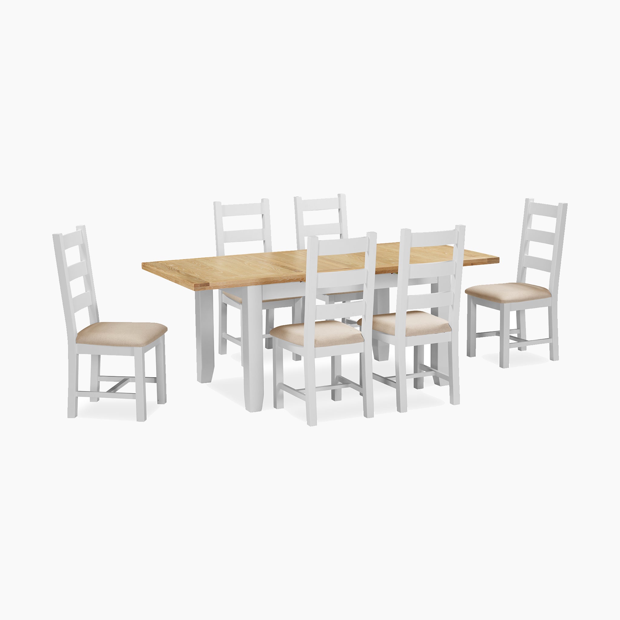 Discover the allure of the Burford 6 Seat Extending Dining Set in Warm White, featuring a wooden table with a light wood top and six white chairs with beige cushions, all on a pristine white background.