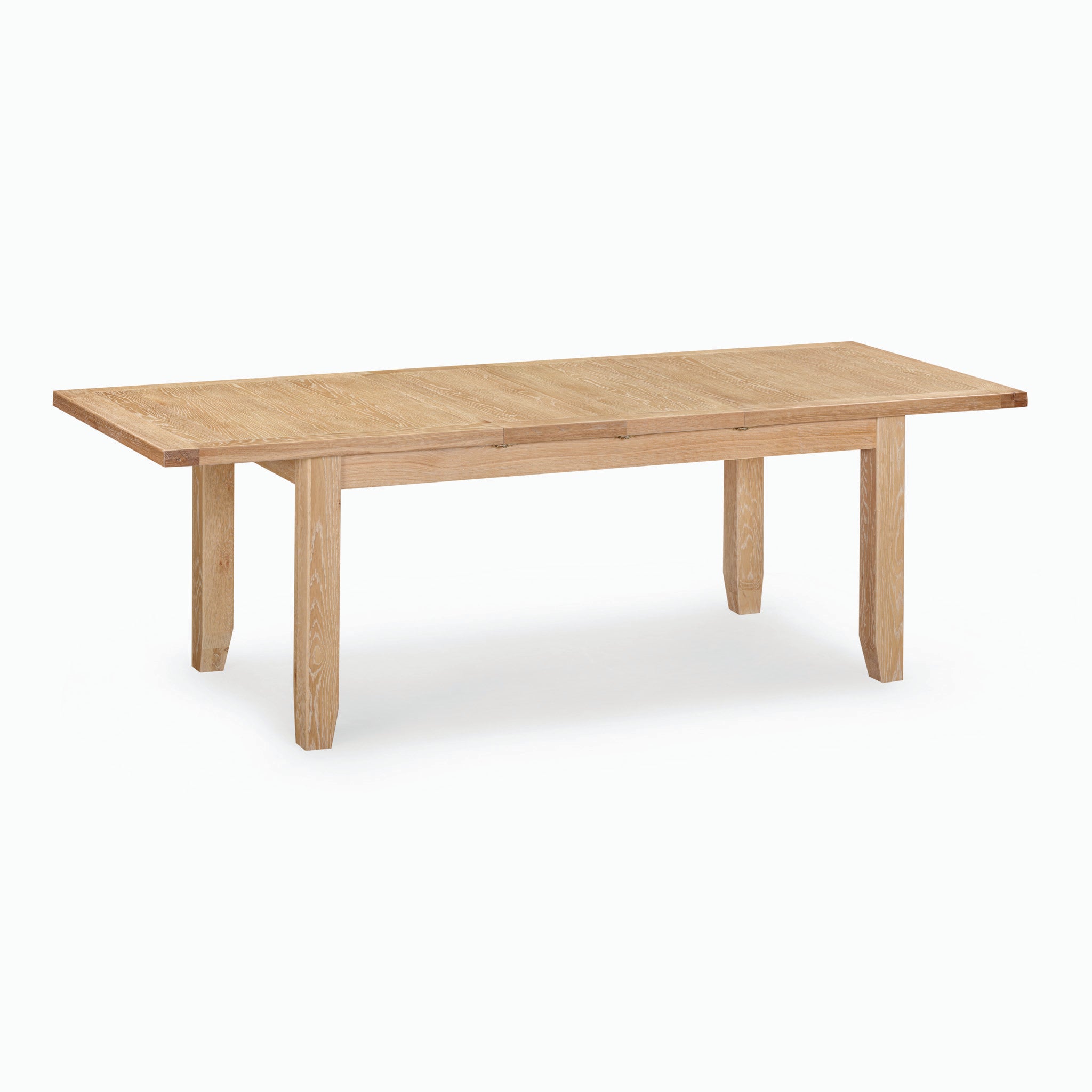 The Burford 8 Seat Extending Dining Set with Regent Chairs in Natural Oak and Ivory, featuring a rectangular table with four legs, is displayed against a plain white background.