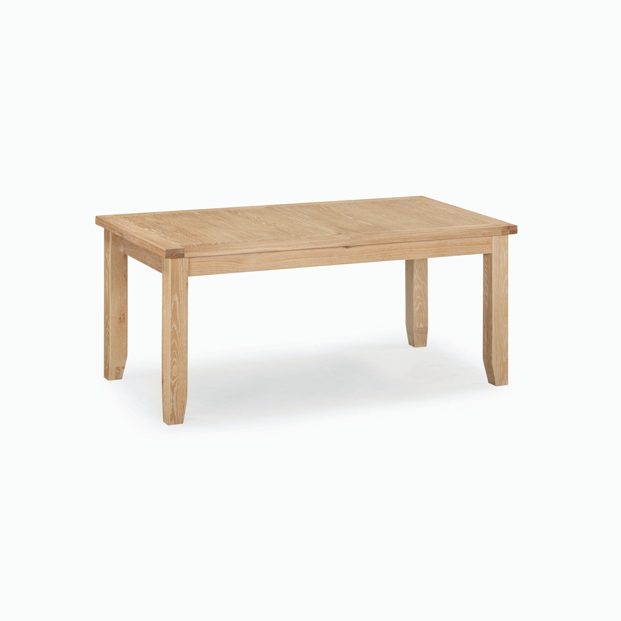 The Burford 8 Seat Extending Dining Set in Natural Oak showcases a simple, elegant rectangular table with four legs against a white background.