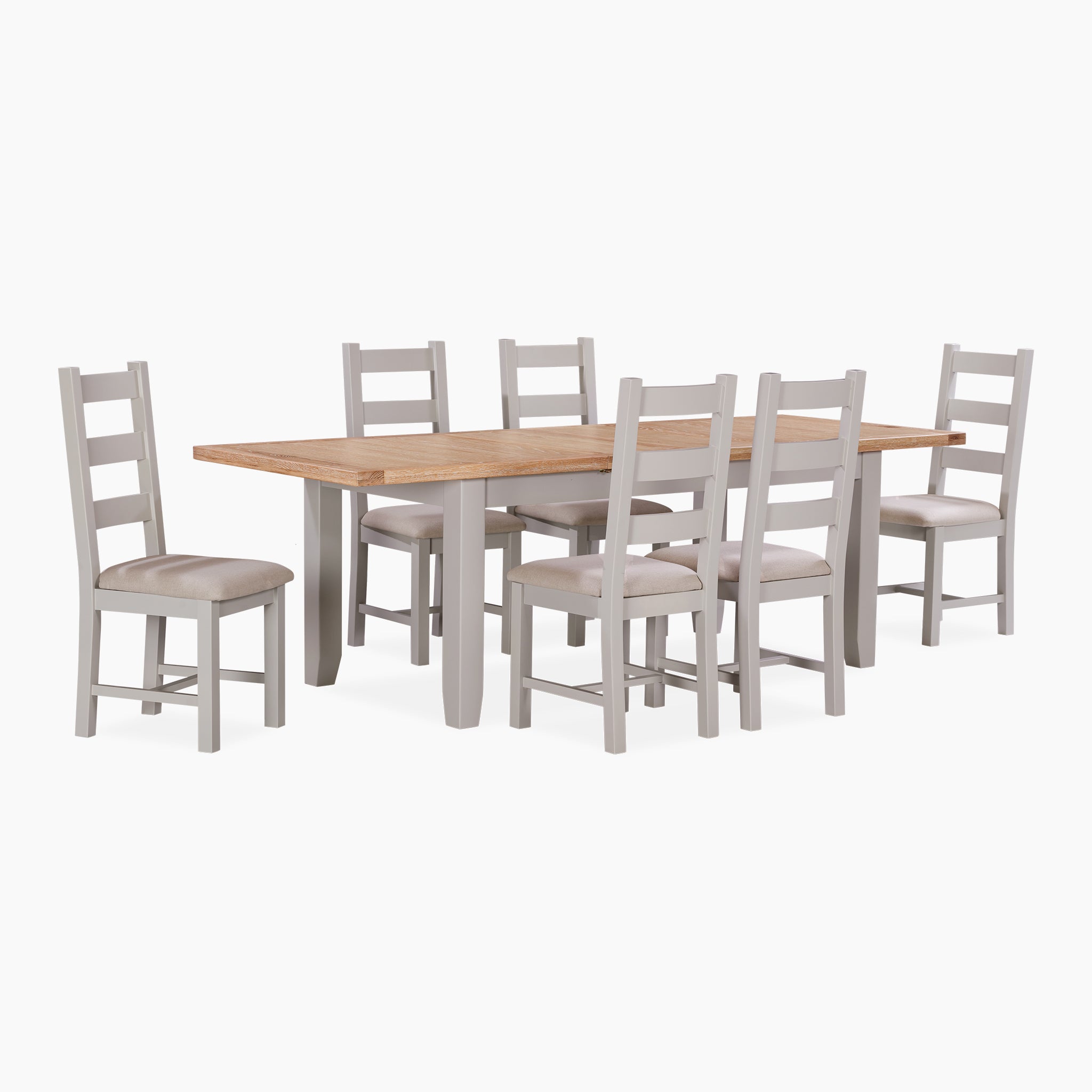 The Burford 8 Seat Extending Dining Set in Pebble Grey has a whitewashed oak top and comes with six padded Pebble Grey chairs, ideal for adding elegance to your dining area.