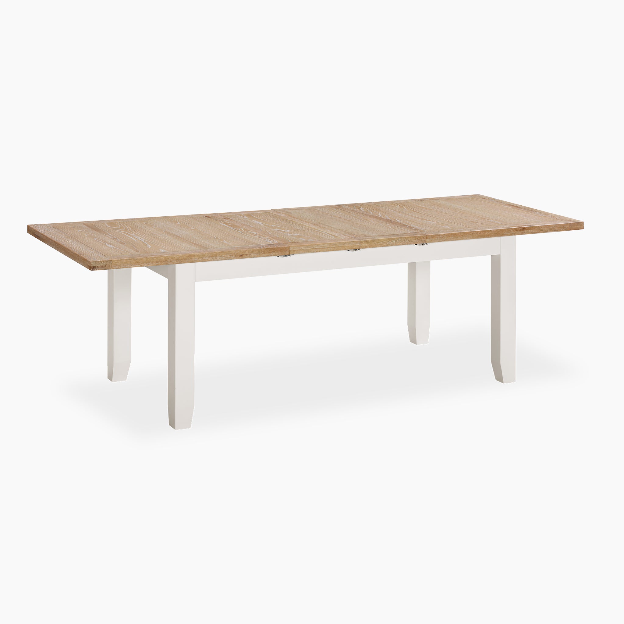 The Burford 8 Seat Extending Dining Set in Warm White is crafted from natural oak and features elegant white legs against a pristine white background.