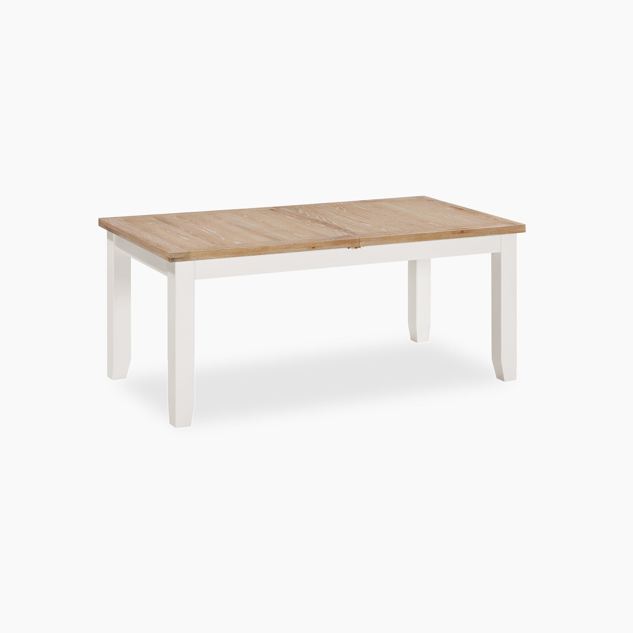 The Burford 8 Seat Extending Dining Set in Warm White showcases a natural oak top beautifully contrasted by its white legs, all set against a white background.