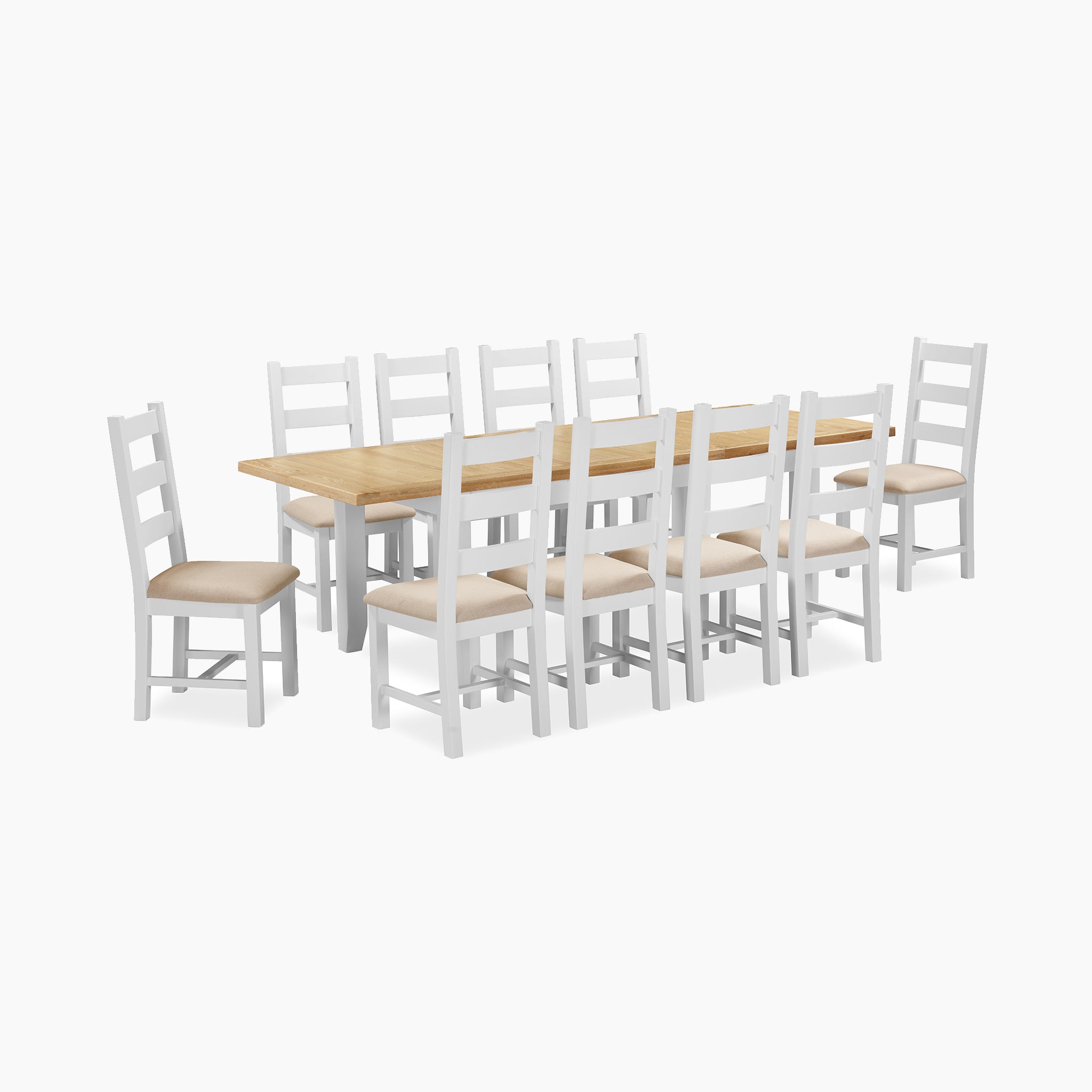 The Burford 8 Seat Extending Dining Set in Warm White is the focal point, featuring the table with matching white chairs arranged elegantly against a crisp white background.