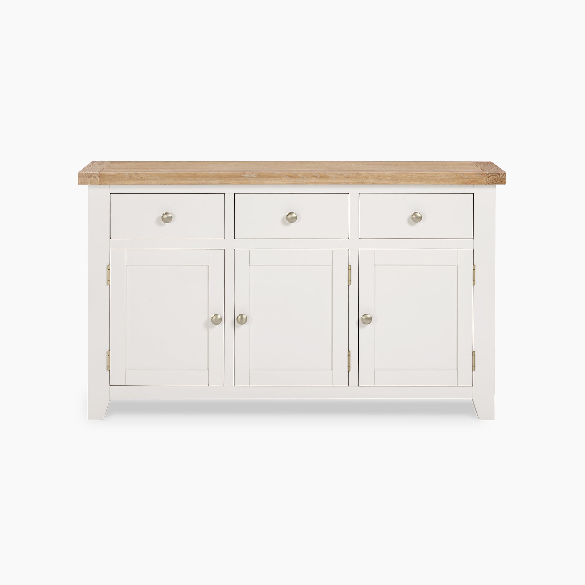 The Burford Large 3 Door 3 Drawers Sideboard in Warm White presents a natural oak finish complemented by a wooden top. It includes three drawers and three cabinets with round handles, providing generous storage while infusing rustic charm into any space.