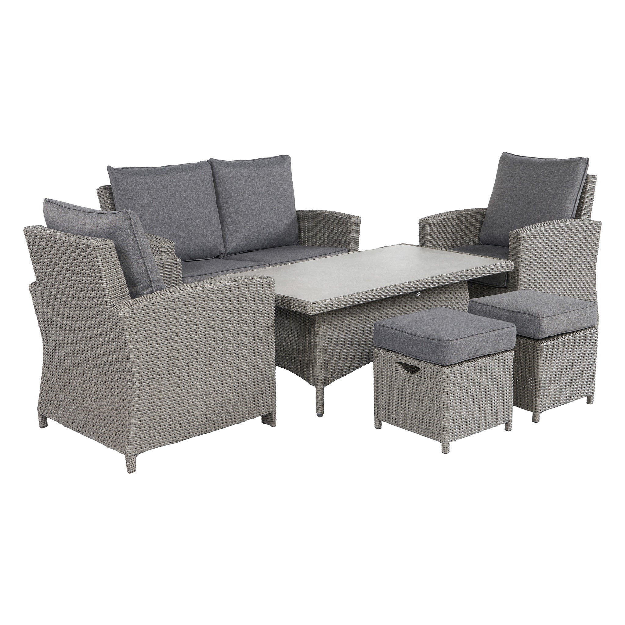 Barbados 2 Seat Rattan Sofa Dining Set with Rising Table in Slate Grey