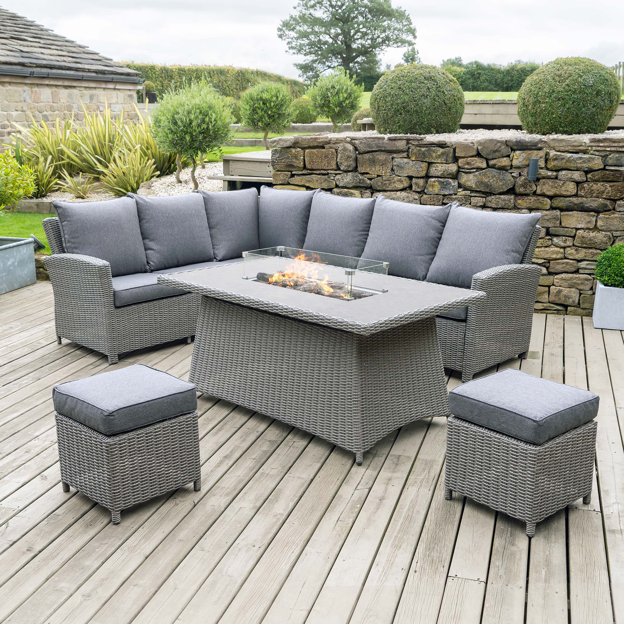 Barbados Rattan Corner Dining Set with Firepit Table in Slate Grey (Left Hand)