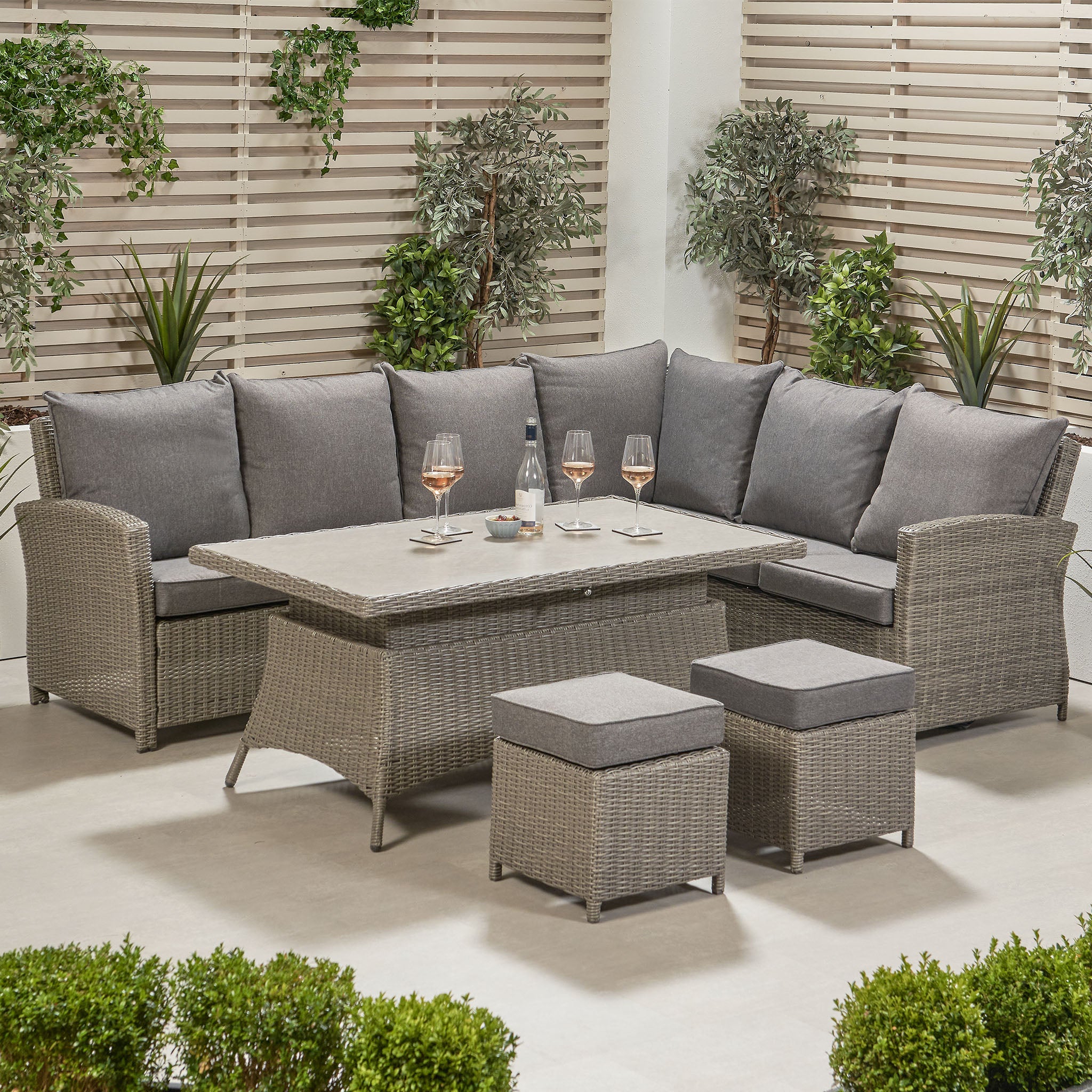 Barbados Rattan Corner Dining Set with Rising Table in Slate Grey (Right Hand)