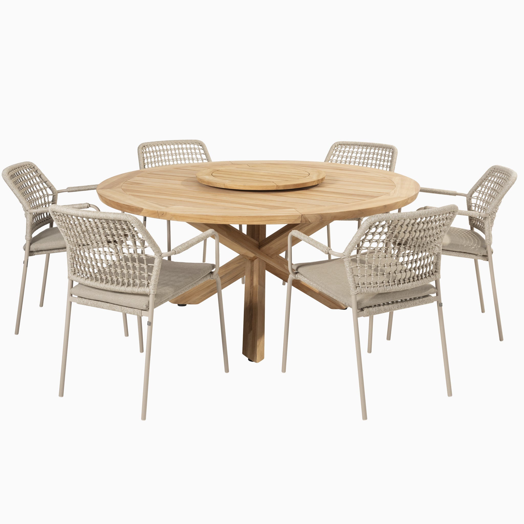 Introducing the Barista 6 Seat Round Dining Set in Latte, featuring a central lazy susan and accompanied by six 4 Seasons outdoor wicker chairs with cushions and durable polyethylene core ropes.