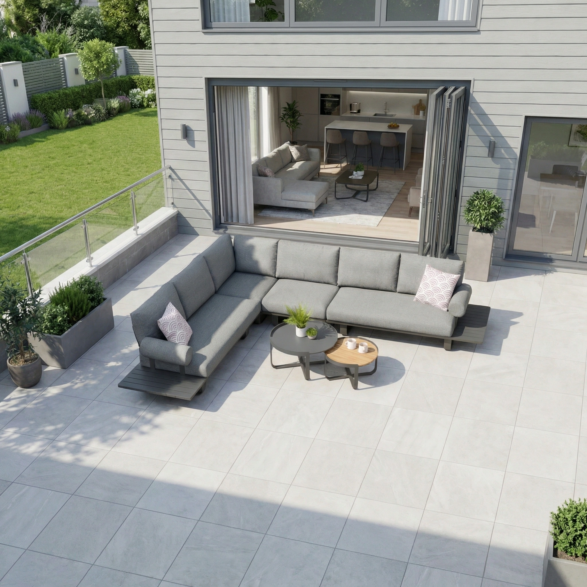 Modern patio with a Bay Large Corner Group Set featuring a charcoal aluminium frame, round tables, and lush plants outside a house with open glass doors.