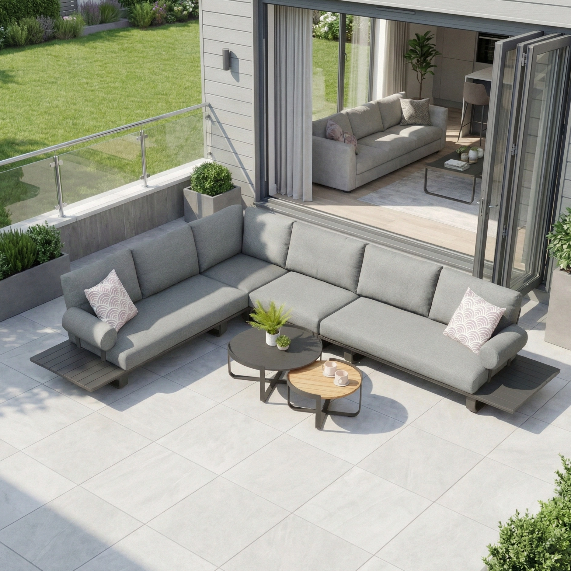 Bay Large Corner Group Set with Aluminium Frame in Charcoal, shown on a tiled patio with cushions, round coffee tables, and green plants.