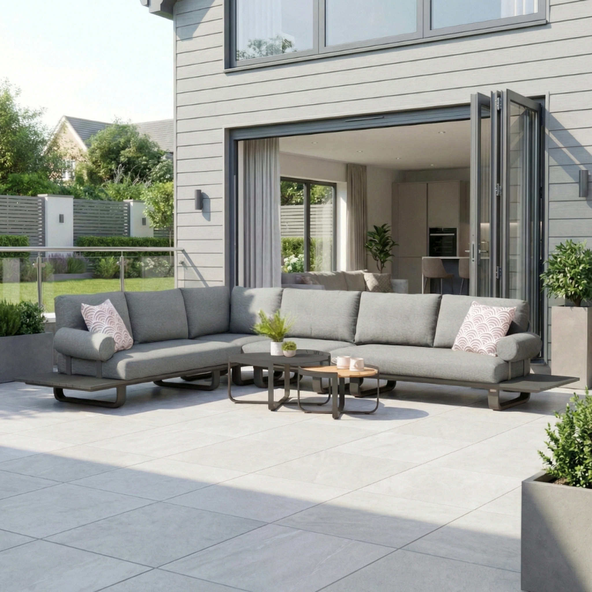 The Bay Large Corner Group Set with Aluminium Frame in Charcoal includes cushions and tables, and is displayed on a spacious tiled outdoor area by a house with open glass doors.