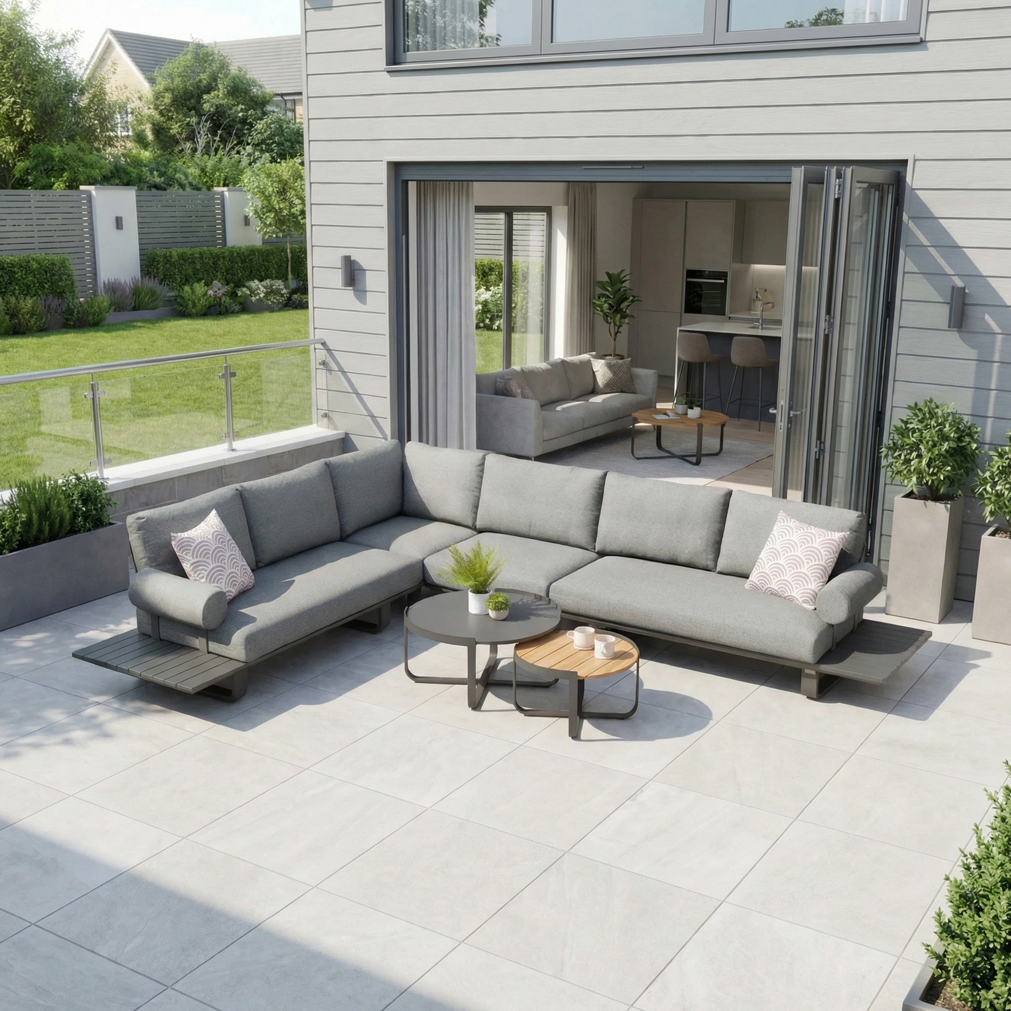 Modern outdoor patio with the Bay Large Corner Group Set in Charcoal, featuring a gray sectional and powder-coated aluminium frame, complemented by round coffee tables and potted plants near a large open glass door.