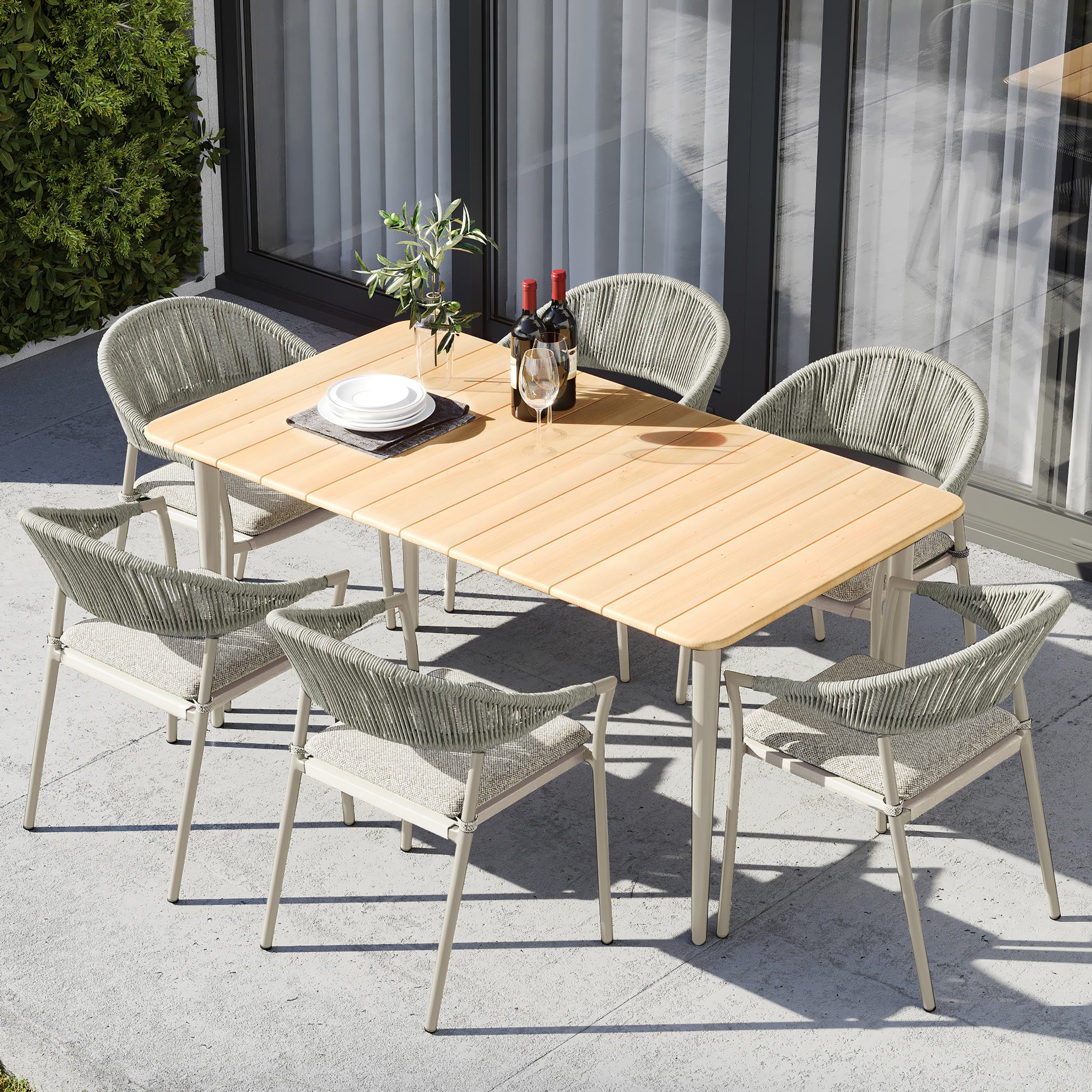 Cloverly 6 Seat Rectangular Dining with Teak Table in Latte