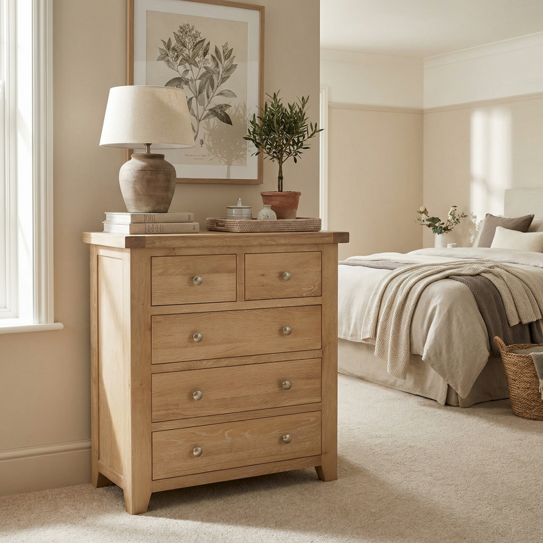 The Burford 2 Over 3 Chest of Drawers in Natural Oak, topped with a lamp, books, and plant, creates a cozy focal point in this neutral-toned bedroom.