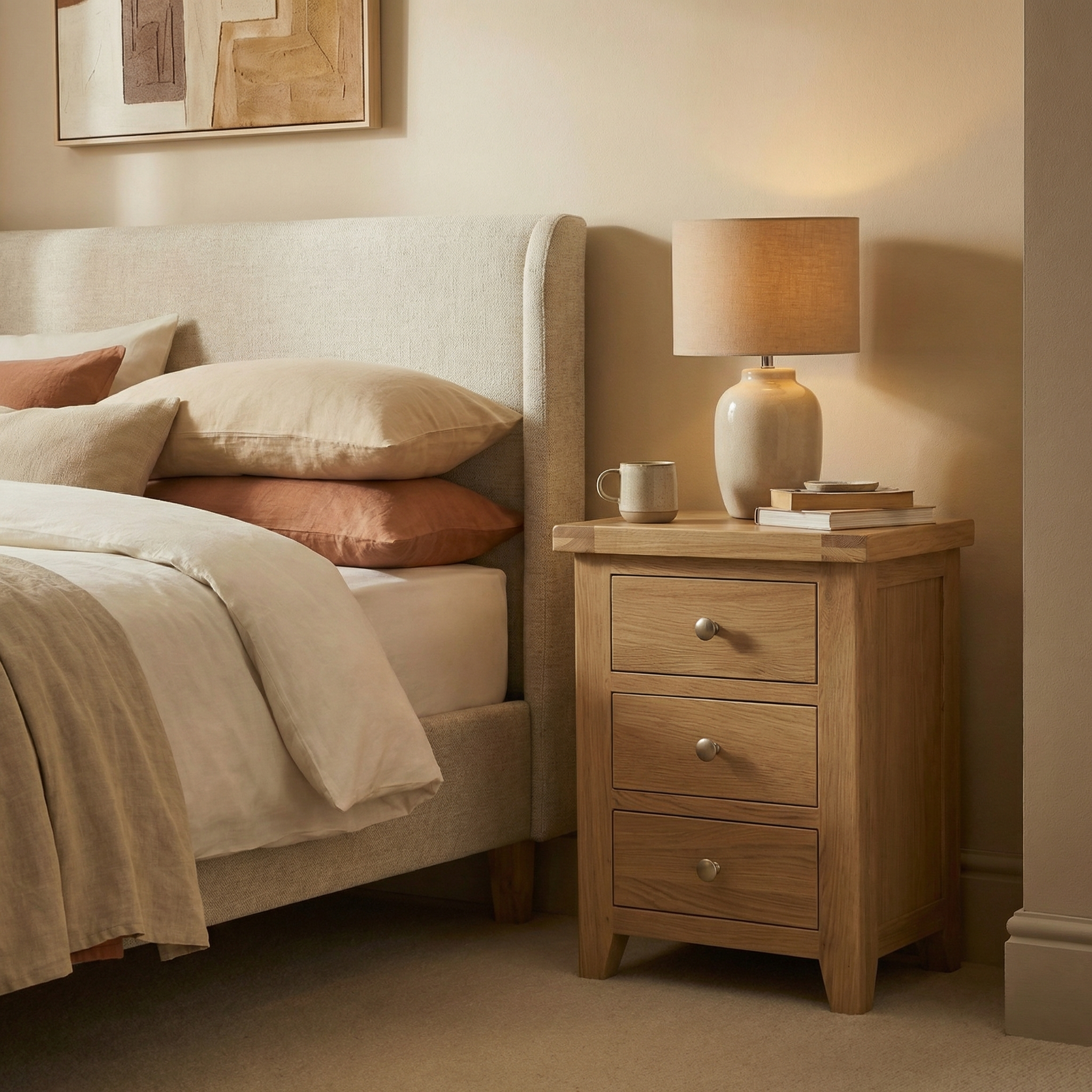 A Burford 3 Drawers Bedside Table in Natural Oak, adorned with a lamp, books, and mug, stands beside a neatly made bed in a cozy bedroom, adding warmth and charm with its natural oak finish.