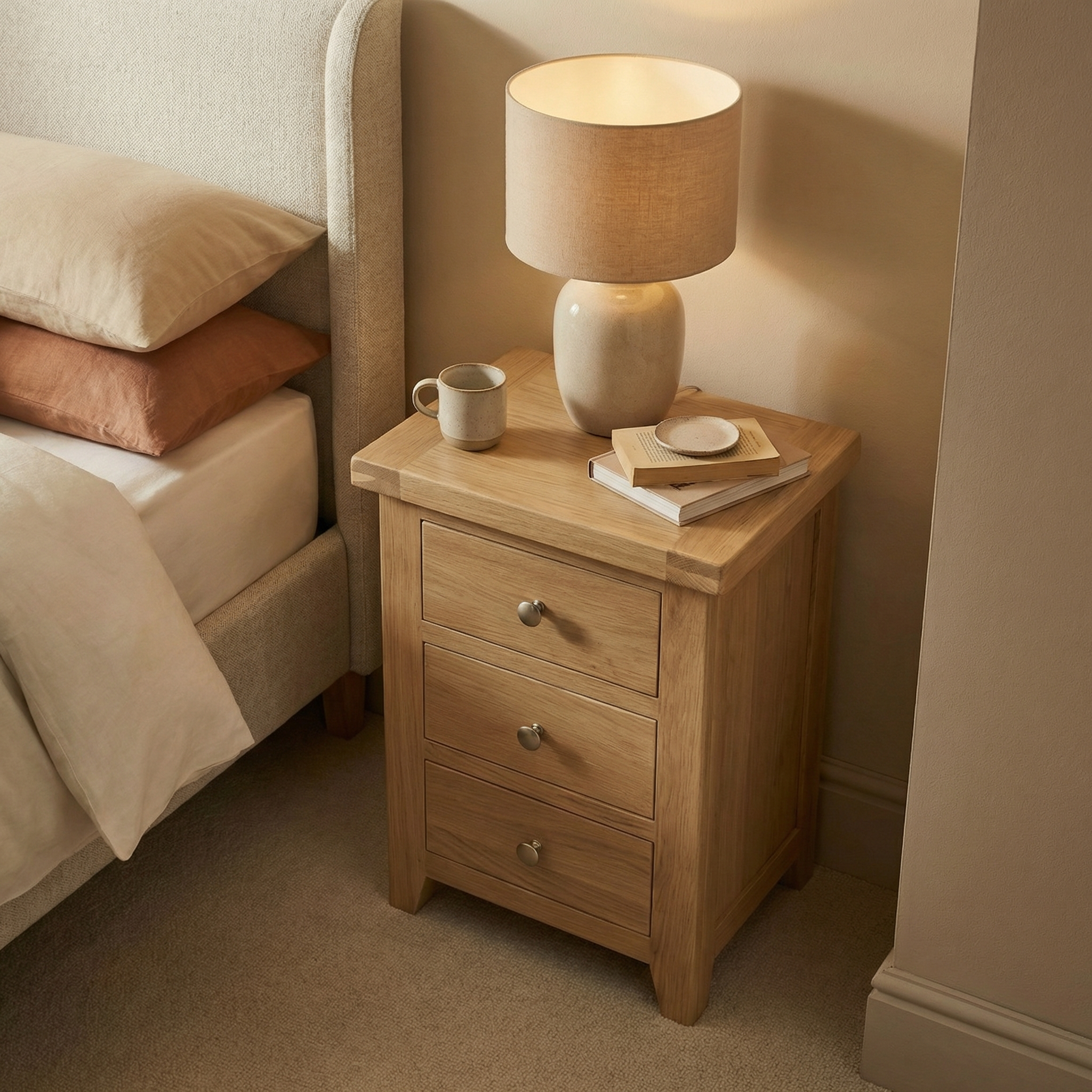 The Burford 3 Drawers Bedside Table in Natural Oak is placed beside a bed with neutral bedding, topped with a lamp, mug, and books.