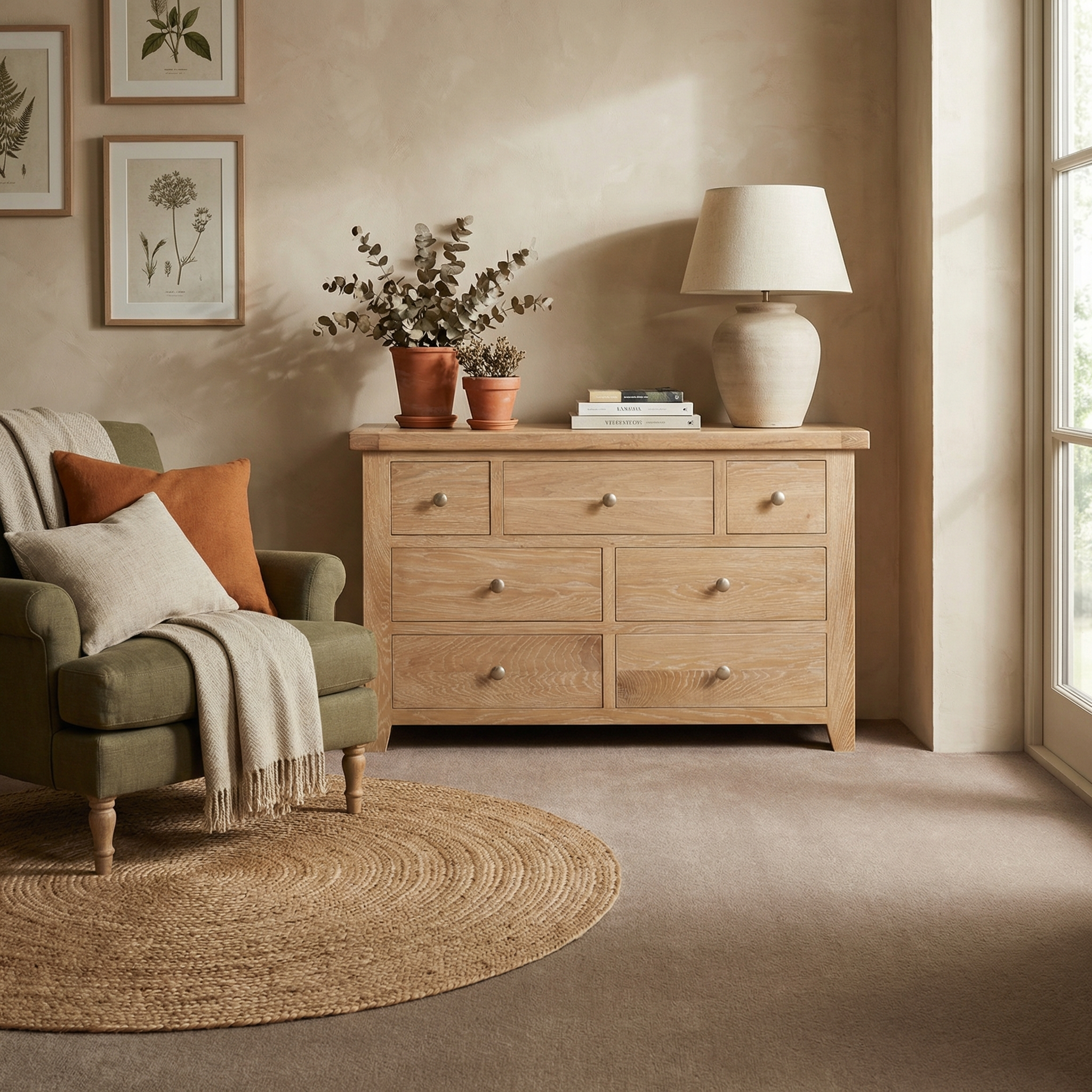 Cozy living room with an armchair, Burford 3 Over 4 Chest of Drawers in Natural Oak, potted plants, lamp, and botanical wall art.