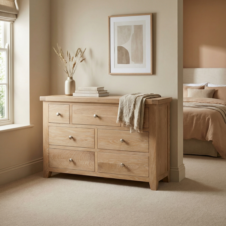 Natural Oak Burford 3 Over 4 Chest of Drawers with seven drawers, styled with decor and wall art in a cozy, neutral bedroom.