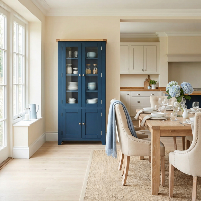 Bright dining room with a wooden table, beige chairs, and a striking Burford Display Cabinet in Navy Blue with glass doors showcasing dishes.