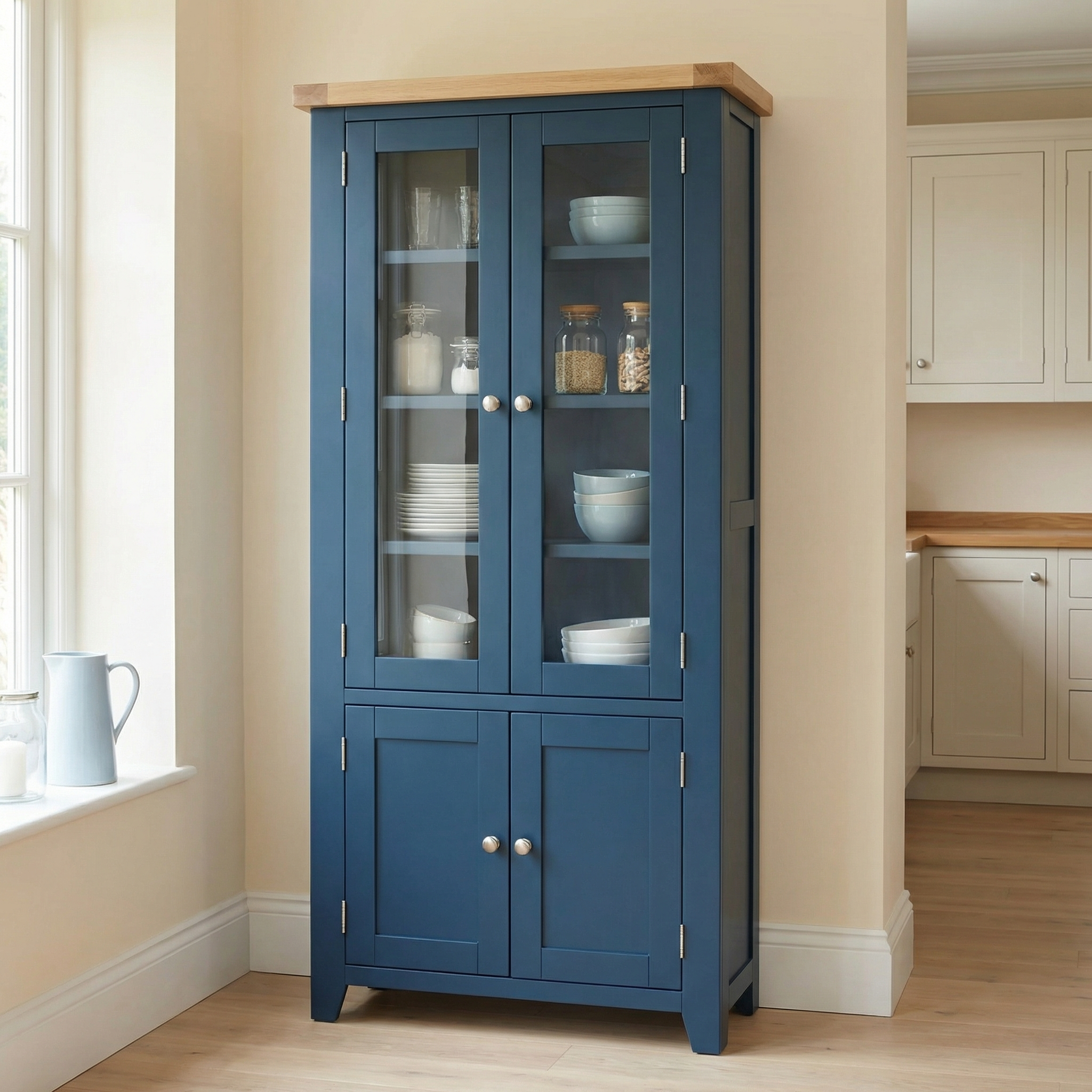 The Burford Display Cabinet in Navy Blue with glass doors displays dishes and jars, bringing style to any modern kitchen.