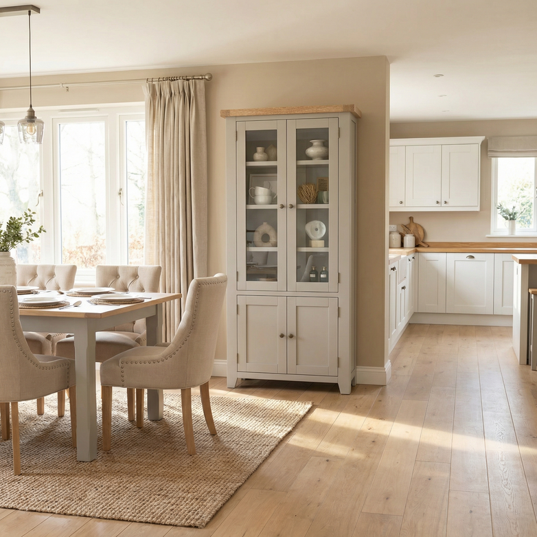 Bright, modern dining room and kitchen with light wood floors, neutral decor, and a Burford Display Cabinet in Pebble Grey to elevate the space.