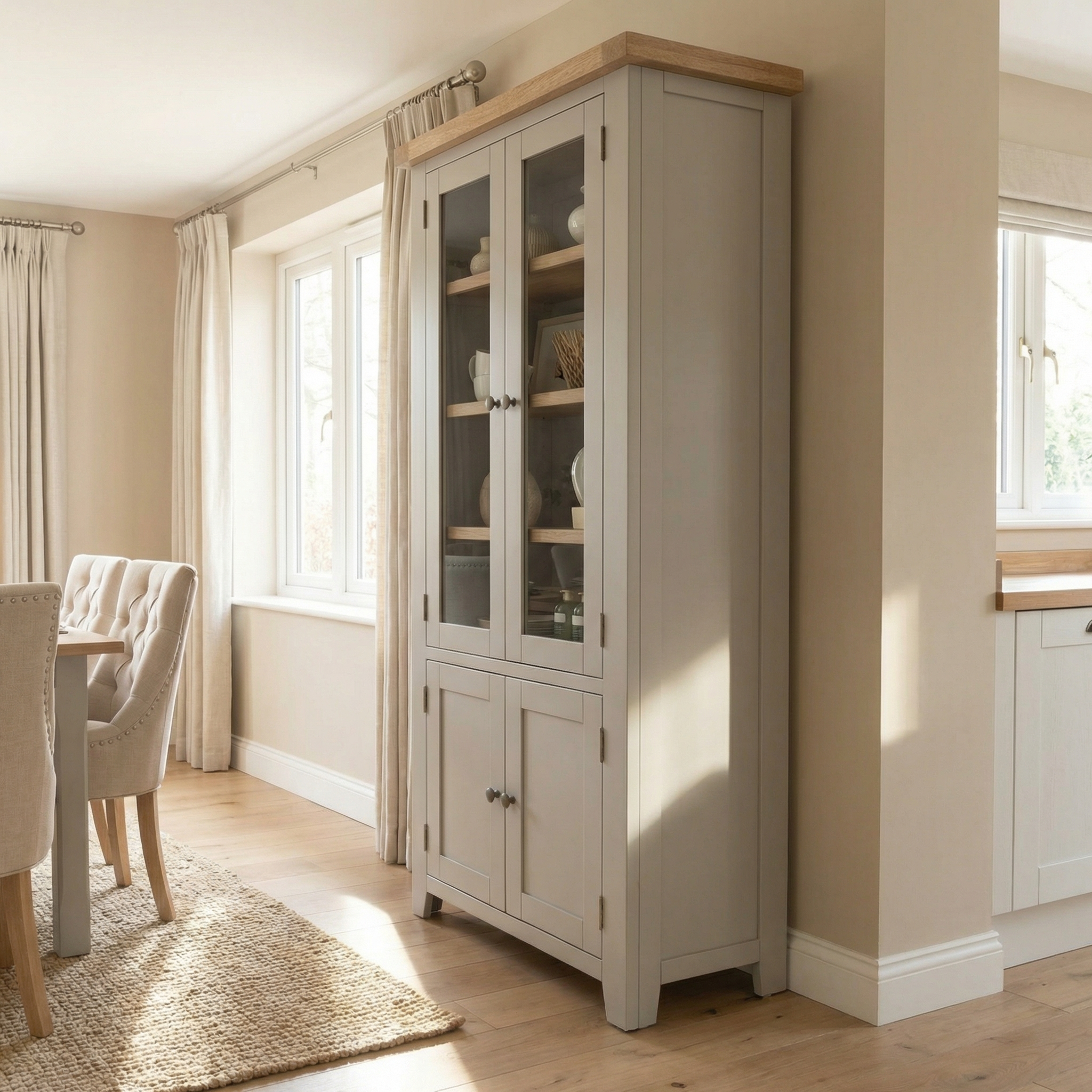 The Burford Display Cabinet in Pebble Grey stands tall with glass doors in a bright dining room featuring wooden floors and neutral decor.