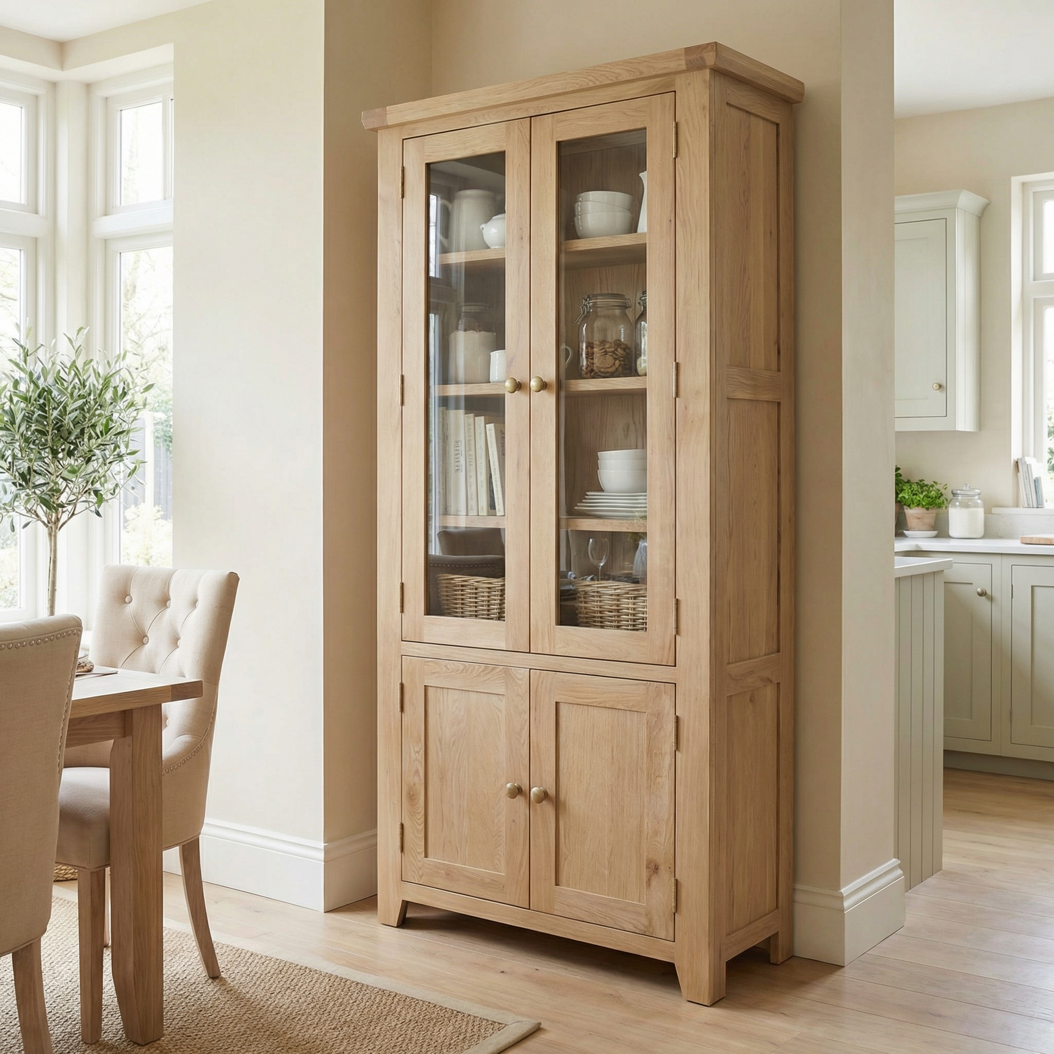 The Burford Display Cabinet in Natural Oak, featuring glass-panelled doors, is shown in a bright dining room holding dishes and baskets.