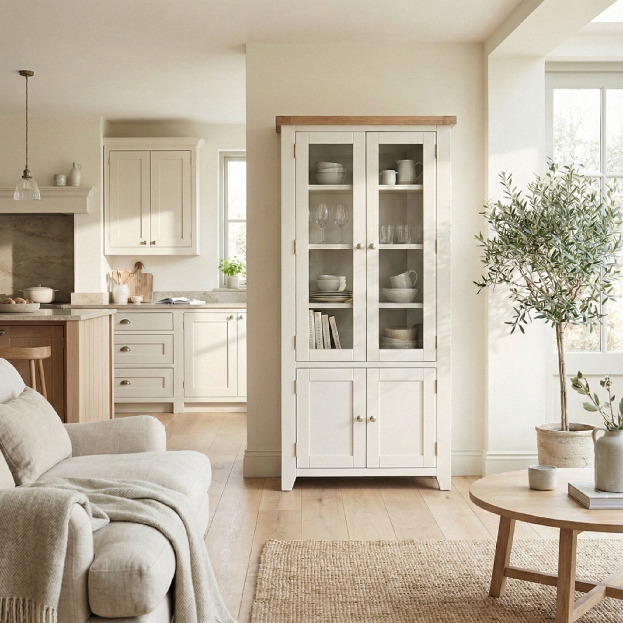Bright, cozy living room featuring a Burford Display Cabinet in Warm White, a beige sofa, wooden coffee table, and a potted plant by the window.