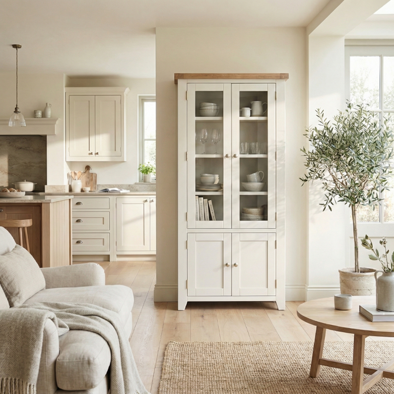 Bright, cozy living room featuring a Burford Display Cabinet in Warm White, a beige sofa, wooden coffee table, and a potted plant by the window.