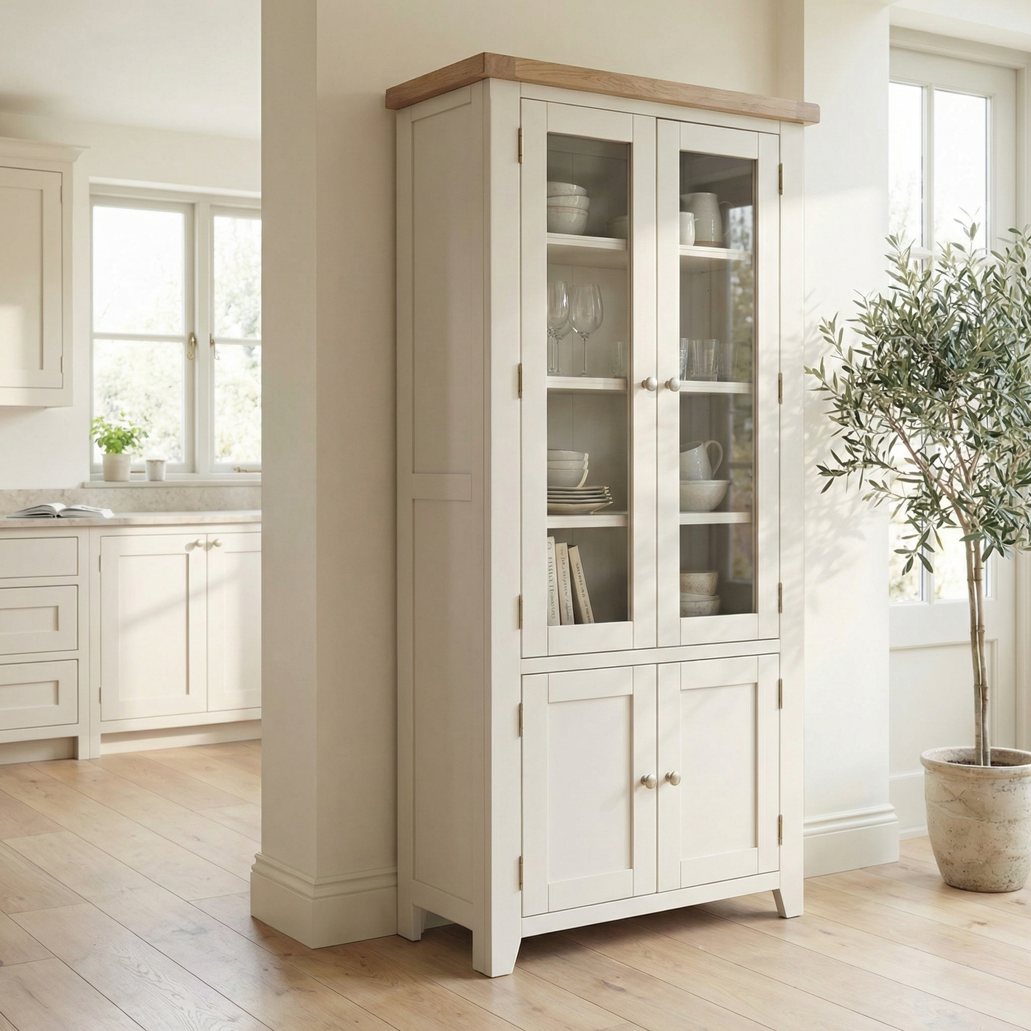 Burford Display Cabinet in Warm White featured in a bright kitchen, holding dishes with a potted plant nearby.