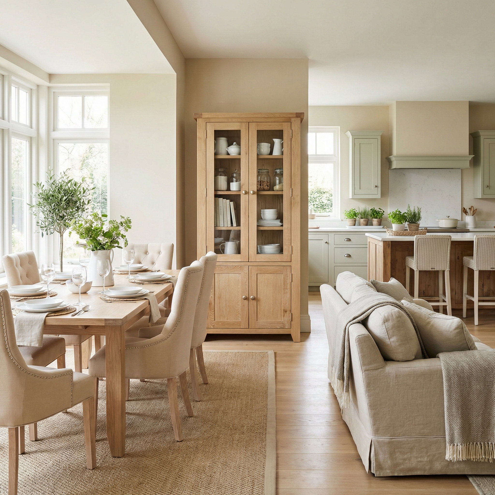 Bright, airy kitchen and dining area with light wood furniture, beige sofas, and large windows. The Burford Display Cabinet in Natural Oak offers elegant storage while showcasing your favorite pieces.