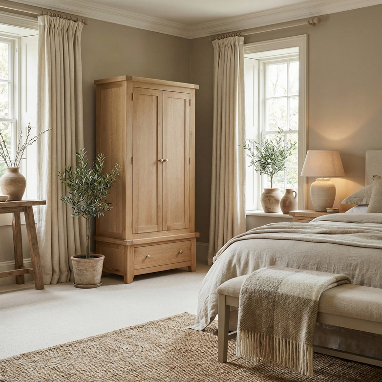 Cozy neutral bedroom with wooden furniture, potted plants, and soft bedding features the Burford Double Wardrobe with Drawer in Natural Oak for elegant storage, illuminated by light from large windows.