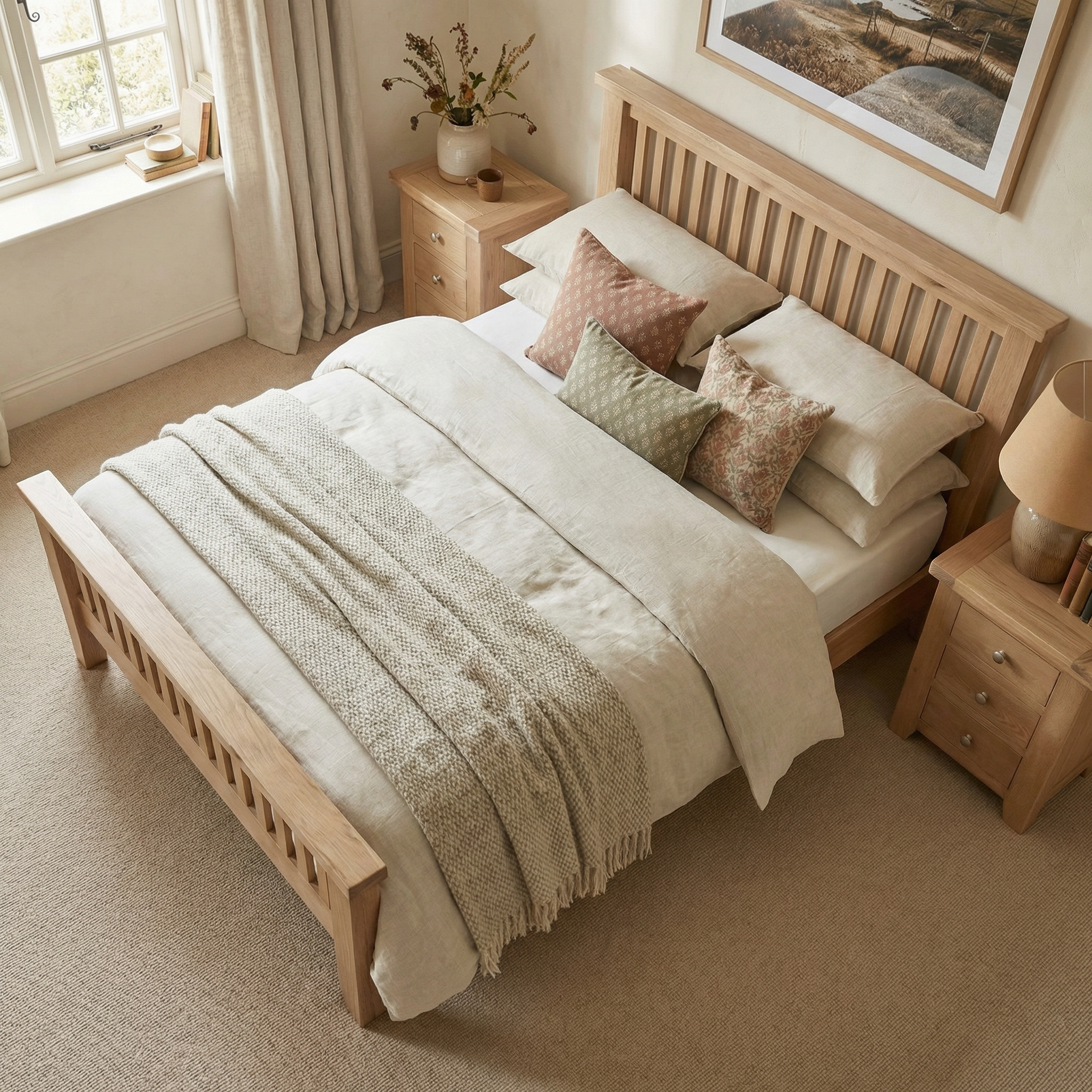 The Burford 5ft High-End Kingsize Bed Frame in Natural Oak is paired with neutral bedding, patterned pillows, and bedside tables in a cozy, sunlit bedroom.
