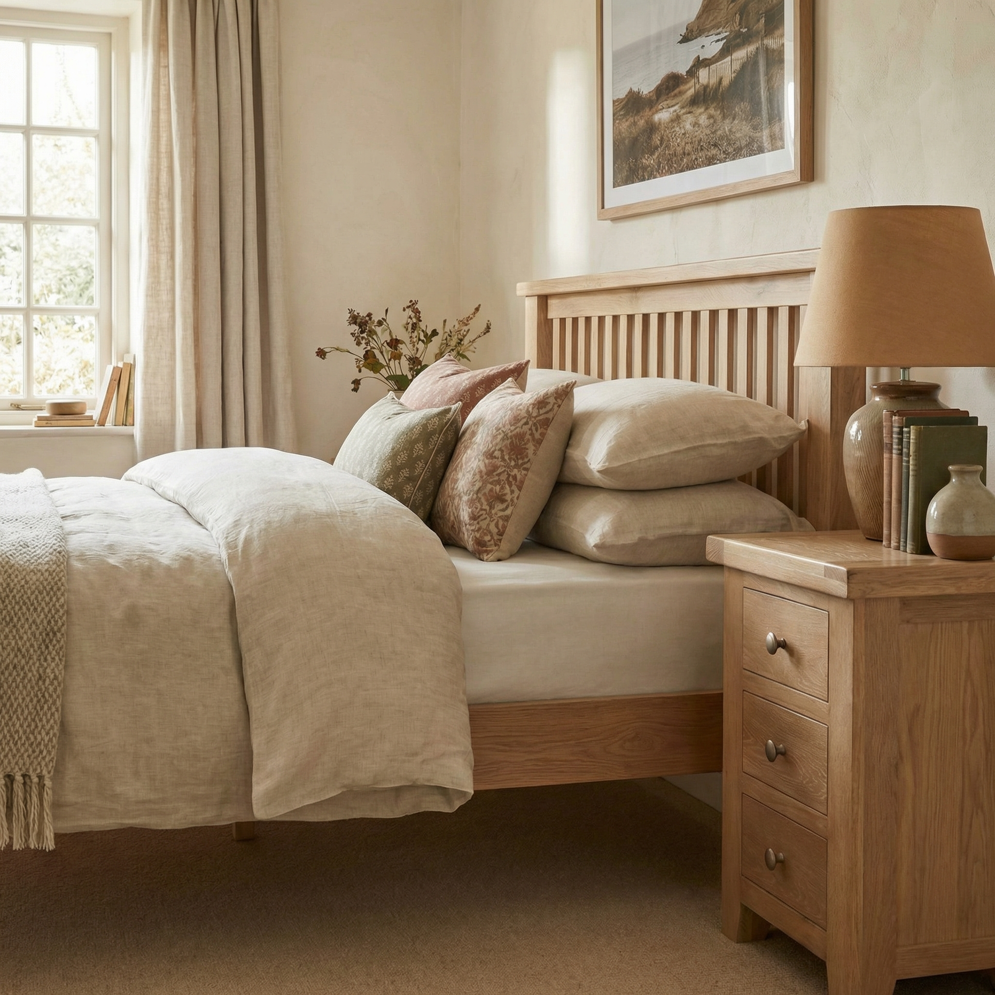 Cozy bedroom featuring the Burford 5ft High-End Kingsize Bed Frame in Natural Oak, beige bedding, plush pillows, a nightstand, lamp, and a window with curtains.