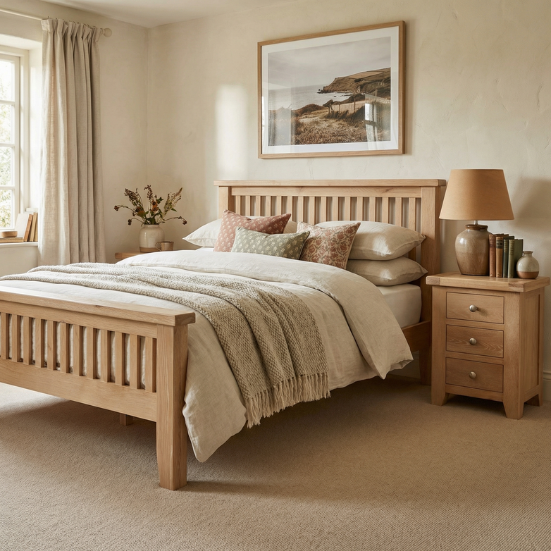 Cozy bedroom featuring a Burford 5ft High-End Kingsize Bed Frame in Natural Oak, beige bedding, bedside table, lamp, and framed landscape art on the wall.
