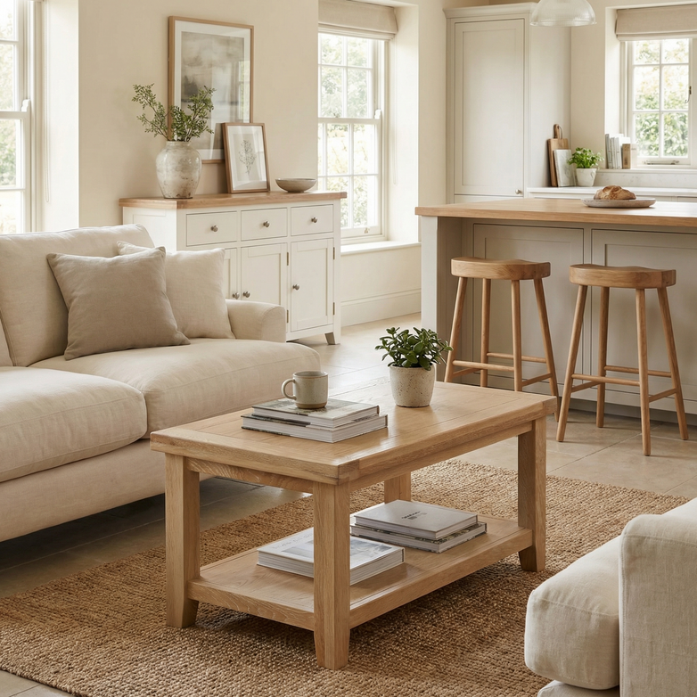 Bright, neutral-toned living room with beige sofas, a Burford Large Coffee Table with Shelf in Natural Oak, and an open kitchen area.