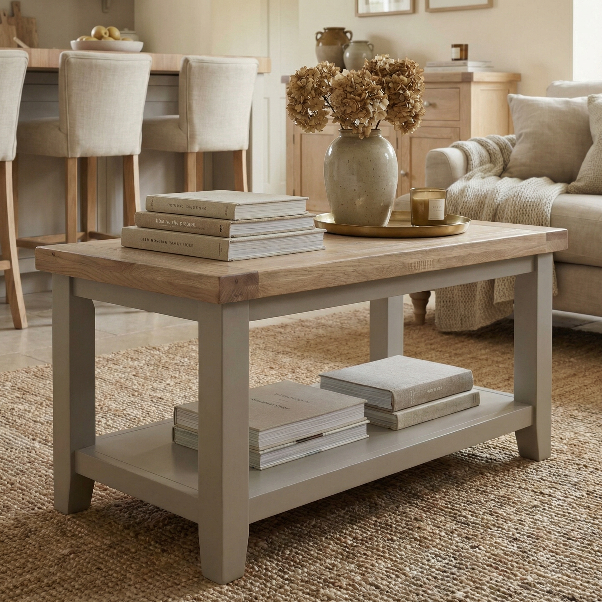 The Burford Coffee Table with Shelf in Pebble Grey holds stacked books, a vase of dried flowers, and a candle, creating a cozy, neutral-toned living room.
