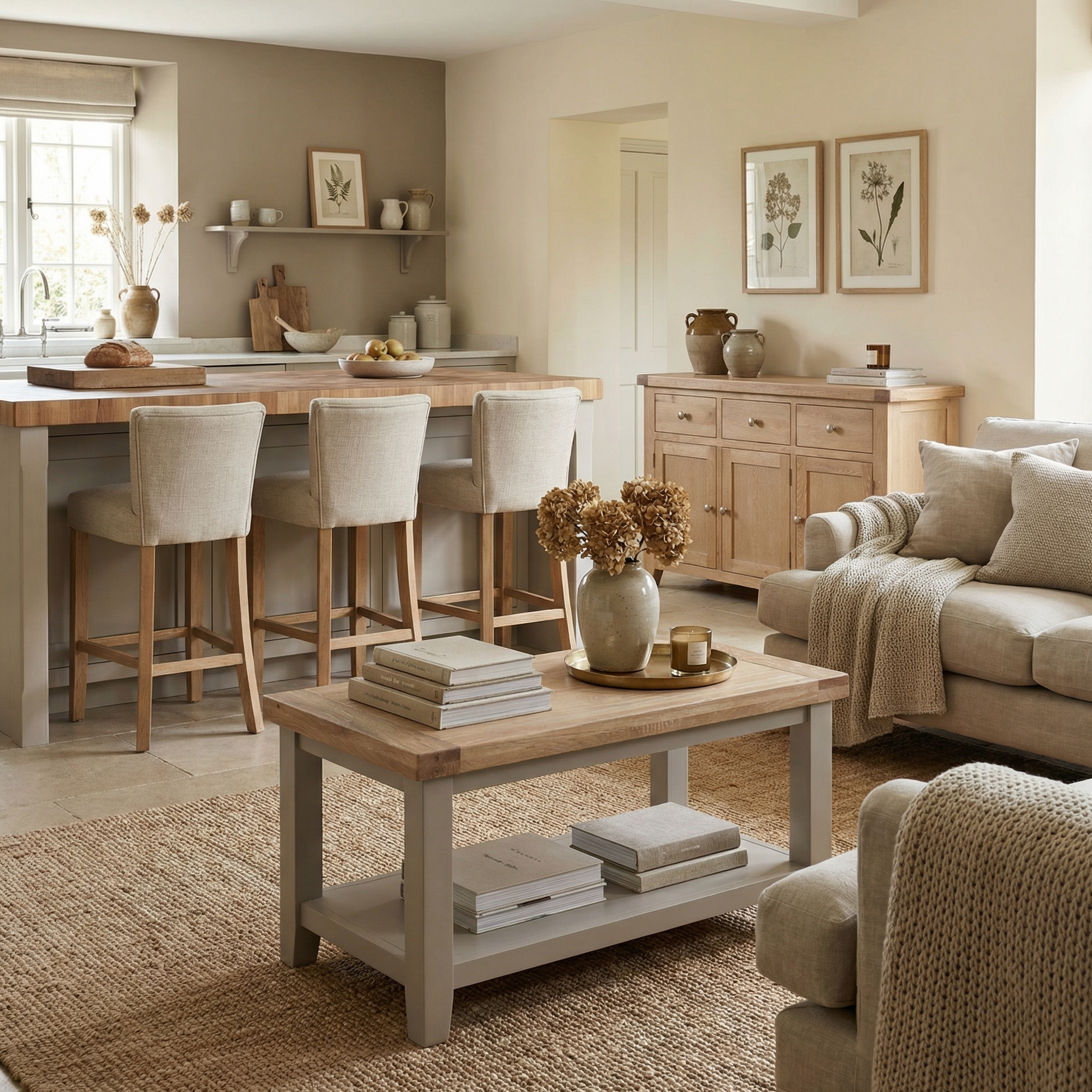 Neutral-toned living room and kitchen with light wood furniture, beige accents, and a Burford Coffee Table with Shelf in Pebble Grey adorned with dried flowers.