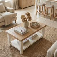 A cozy living room with the Burford Large Coffee Table with Shelf in Warm White, books, a vase of dried flowers, and neutral-toned furniture creates an inviting space.