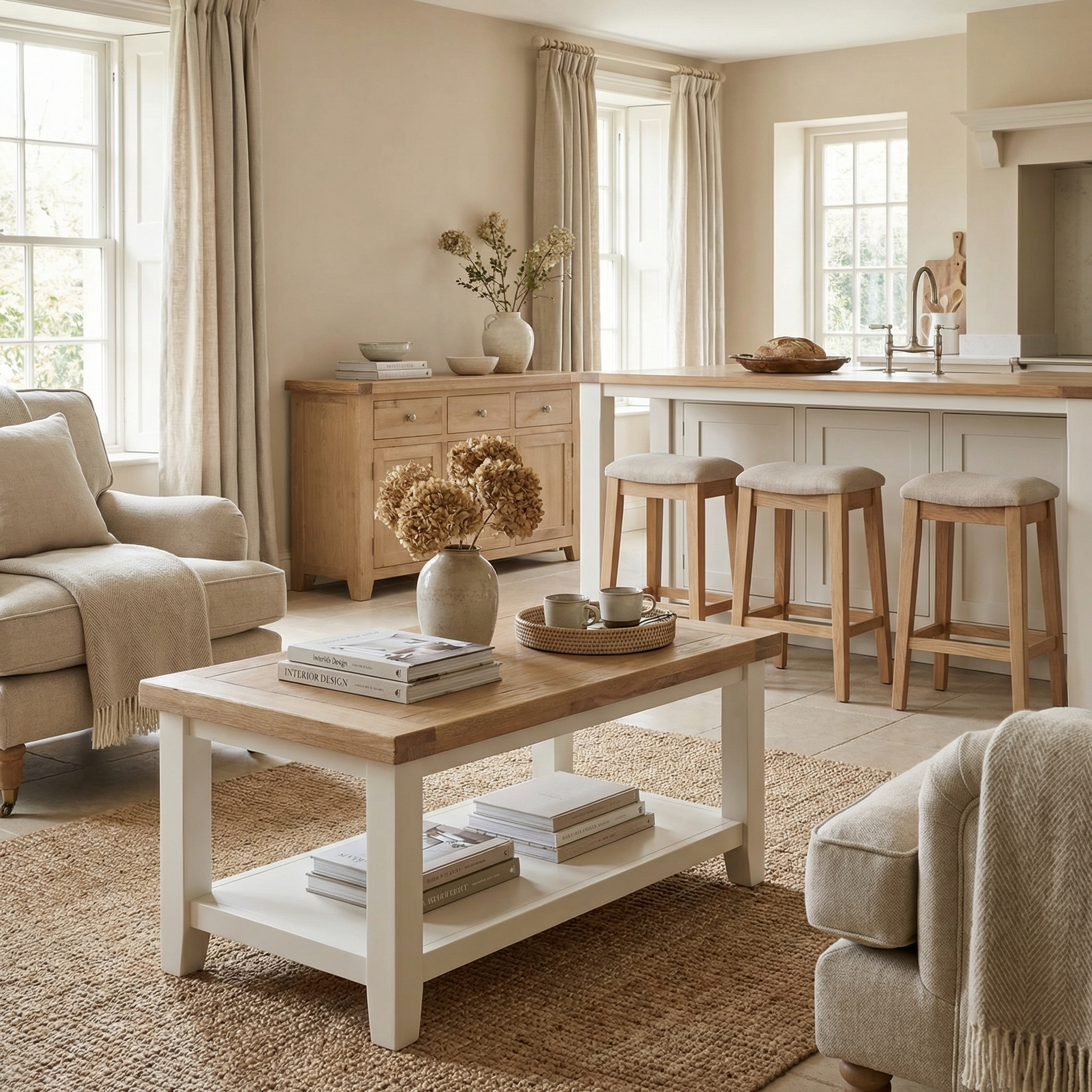 Neutral-toned living room with cozy sofas, bar stools by the kitchen counter, and a Burford Large Coffee Table with Shelf in Warm White as the centerpiece.