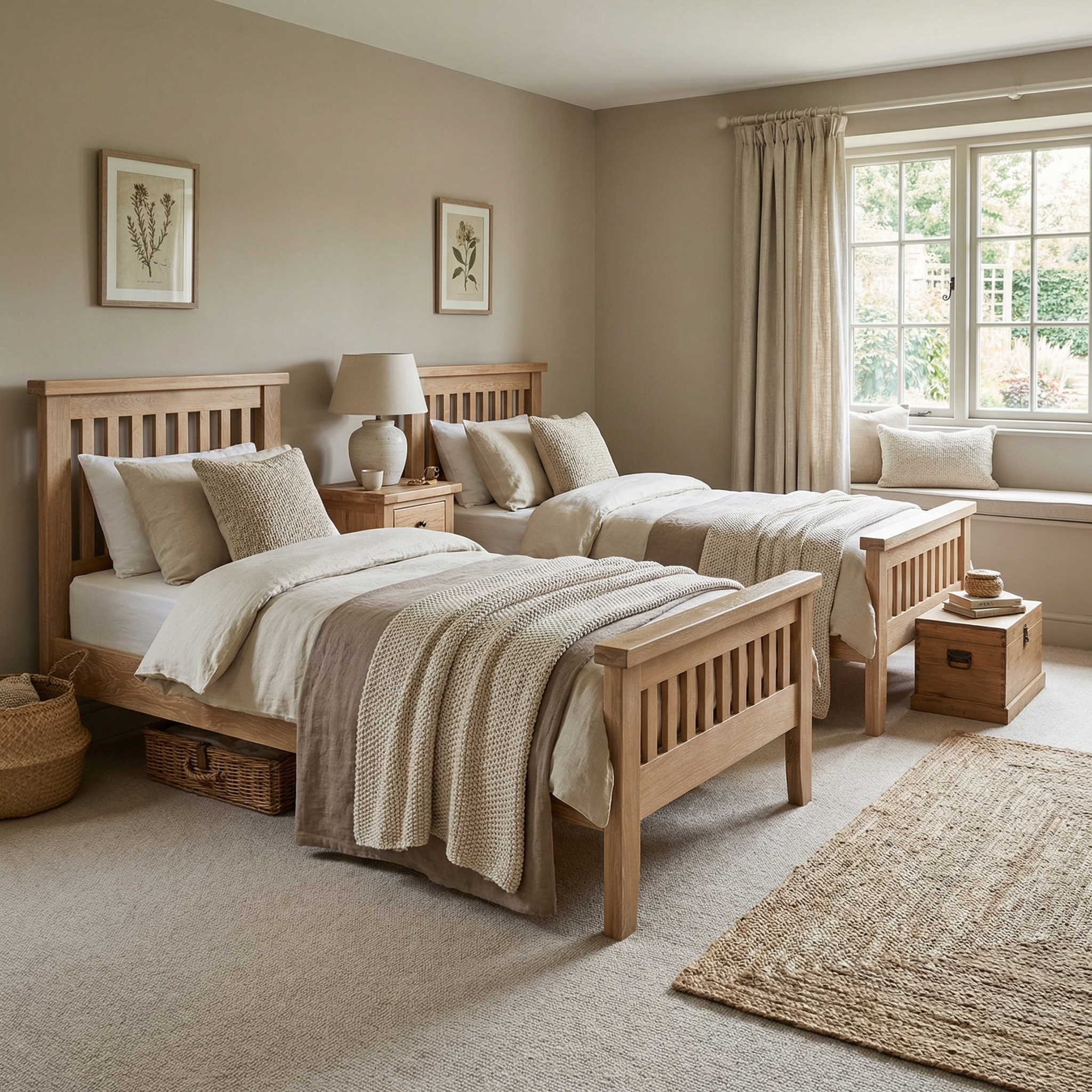 A cozy bedroom with two Burford 3ft High-End Single Bed Frames in natural oak, neutral bedding, a window seat, and natural decor accents.