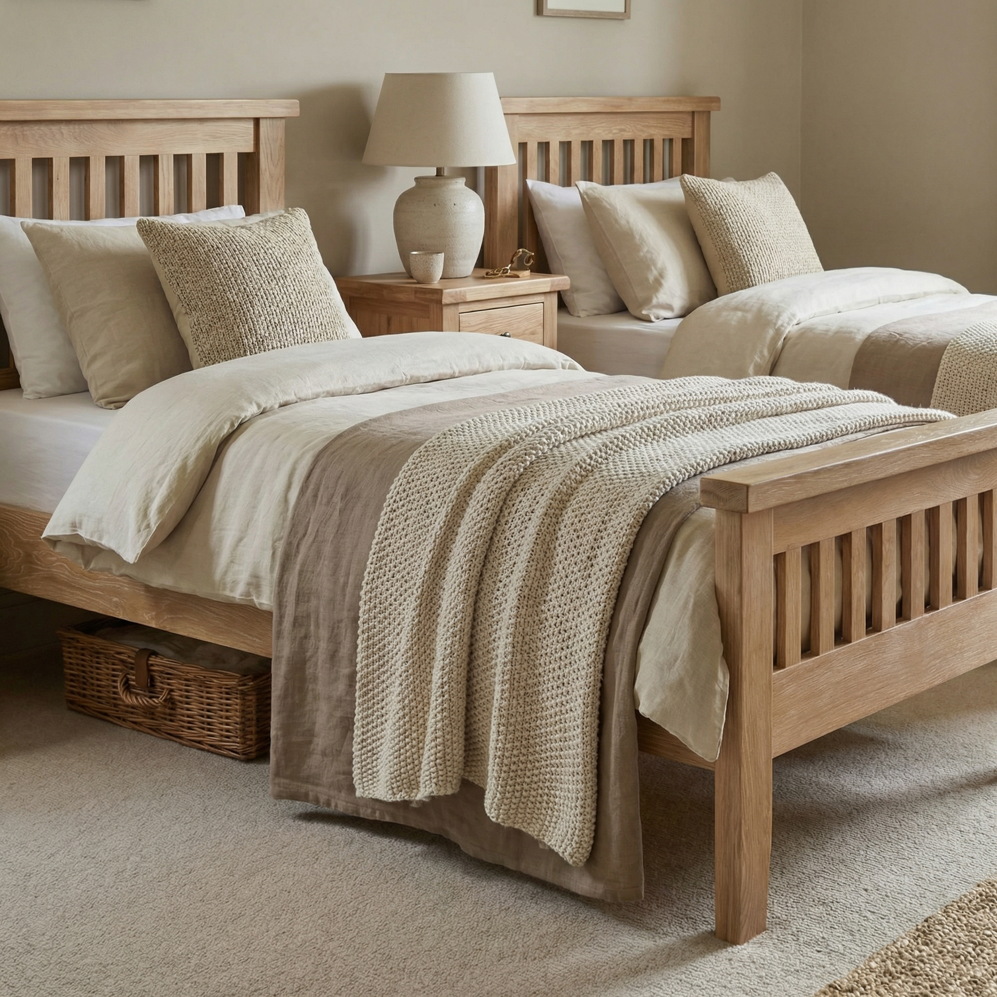 Two Burford 3ft High-End Single Bed Frames in Natural Oak with beige bedding and pillows, a nightstand with a lamp, and a woven basket underneath.