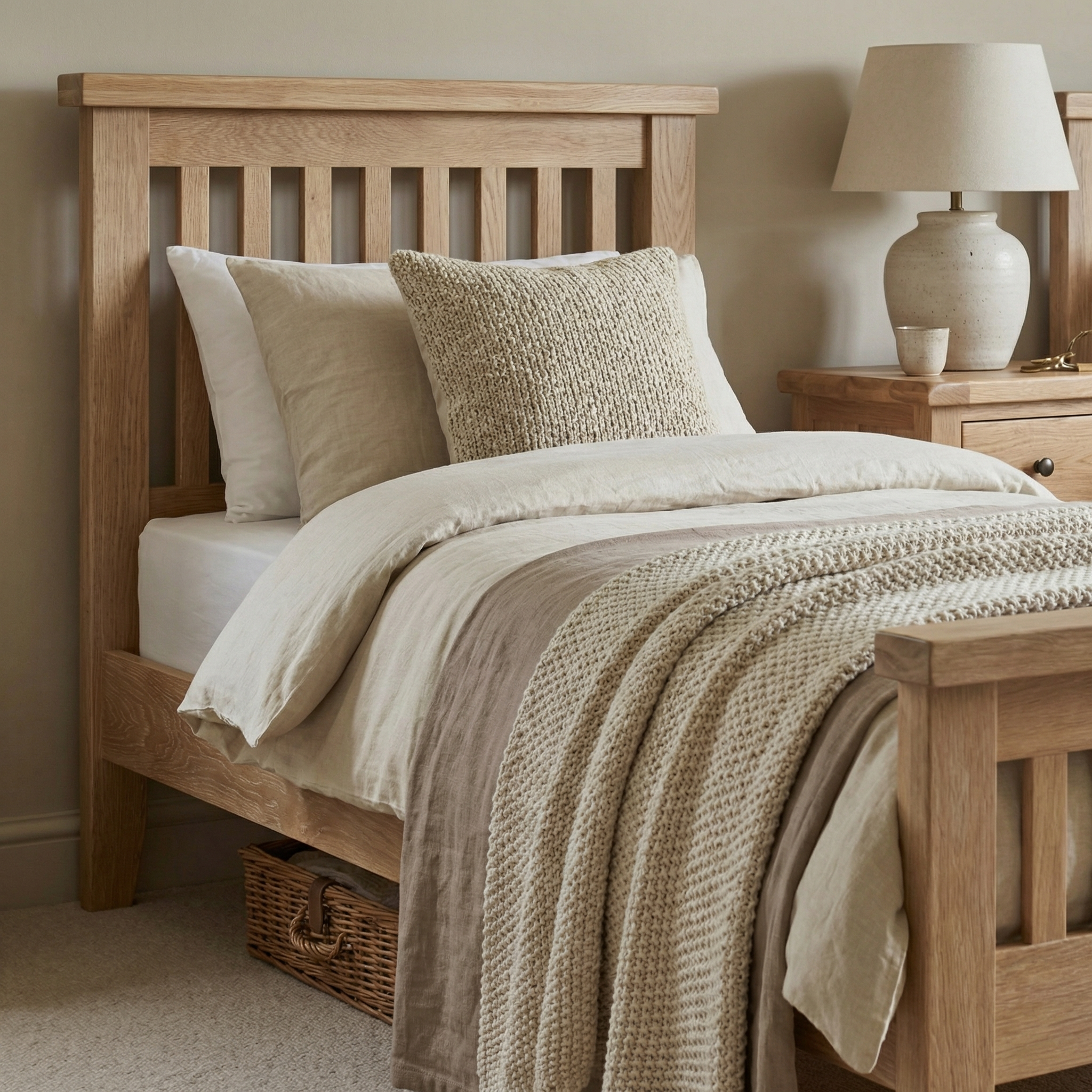 The Burford 3ft High-End Single Bed Frame in Natural Oak, dressed in neutral bedding with a textured pillow and paired with a lamp on a bedside table, creates an inviting and stylish bedroom atmosphere.