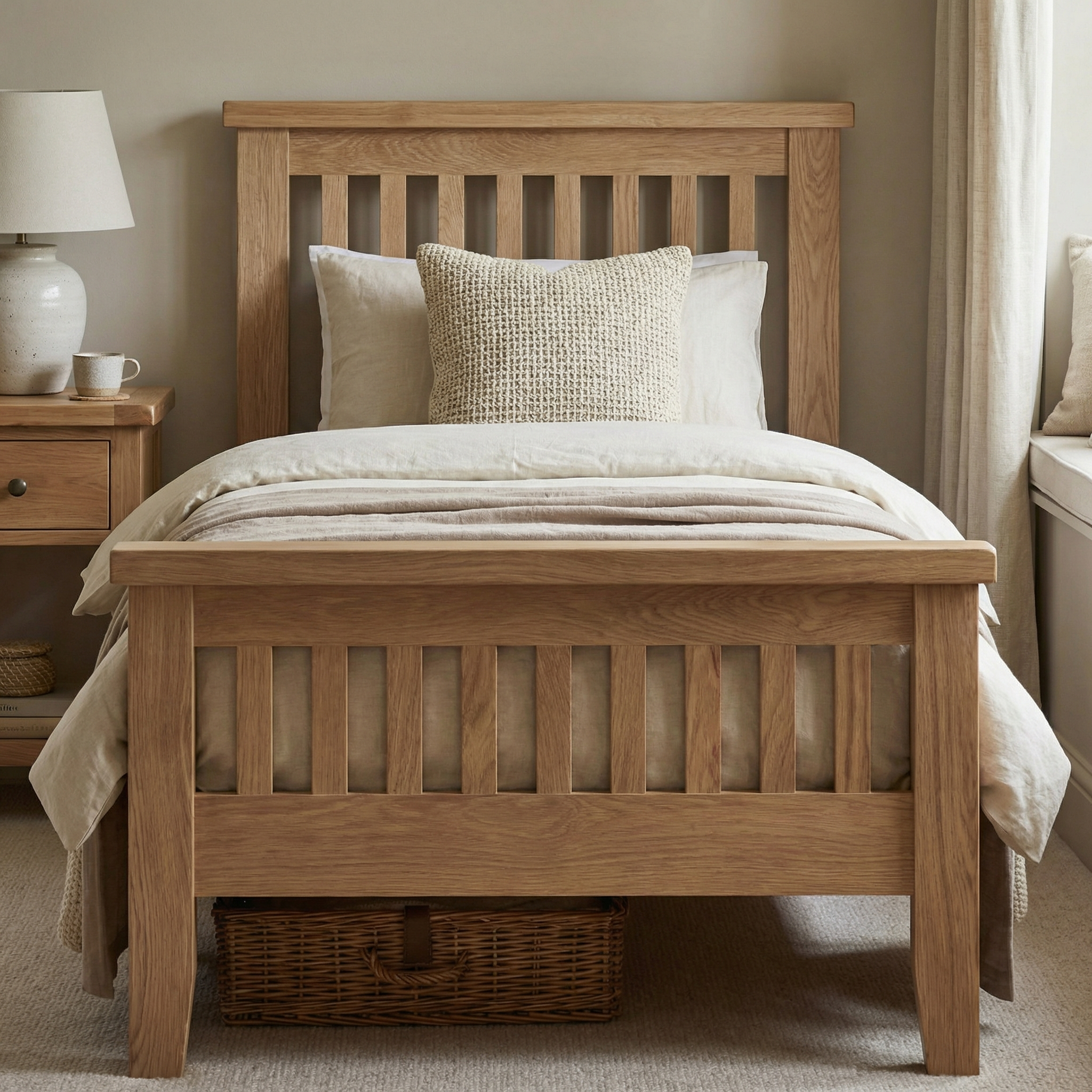 The Burford 3ft High-End Single Bed Frame in Natural Oak is styled with white bedding and a textured pillow, positioned next to a lamp and nightstand, with a basket neatly placed beneath the elevated frame.