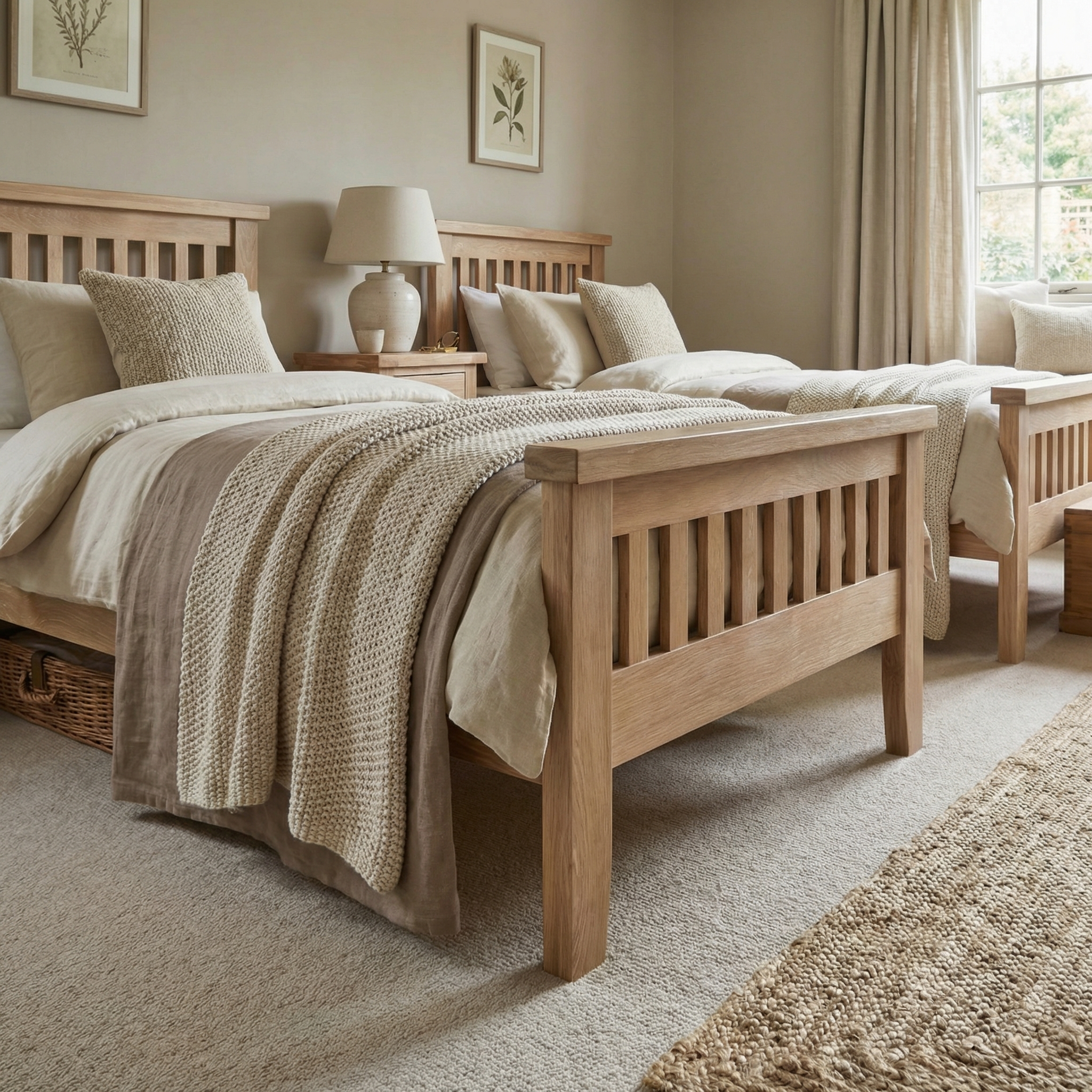 Two Burford 3ft High-End Single Bed Frames in Natural Oak with beige bedding in a cozy, softly lit bedroom featuring neutral decor and a window.