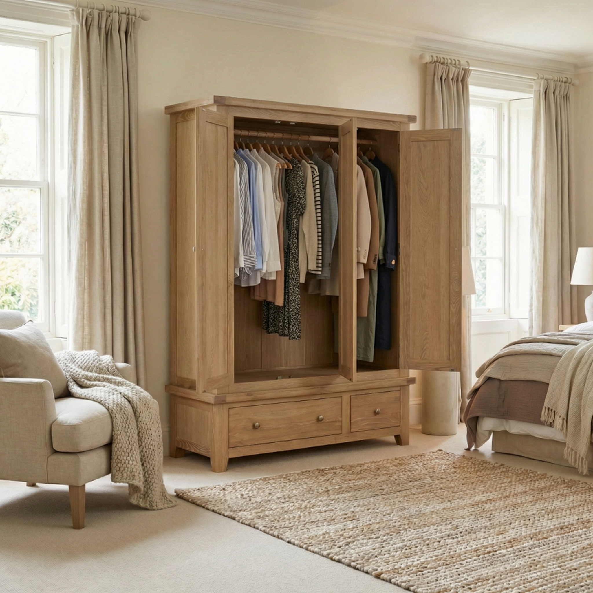 A Burford Triple Wardrobe with 2 Drawers in Natural Oak, shown with open doors, displays neatly hung clothes and offers elegant bedroom storage in a bright, cozy space.
