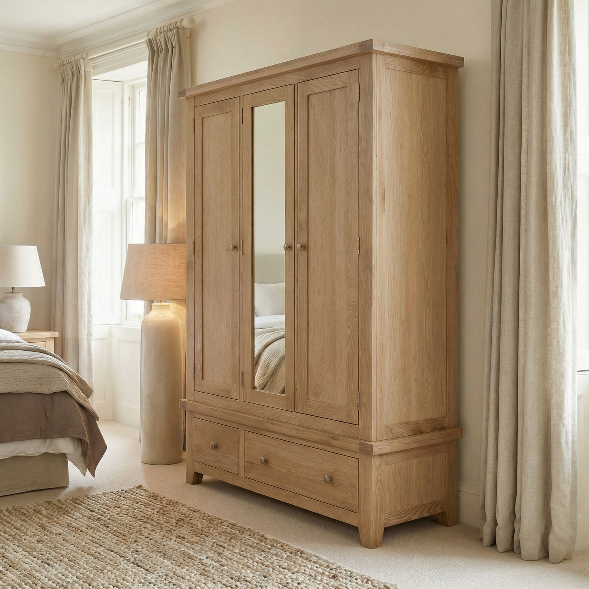 The Burford Triple Wardrobe with 2 Drawers in Natural Oak features a mirrored door and spacious storage, adding stylish organization to any bright, neutral-toned bedroom.