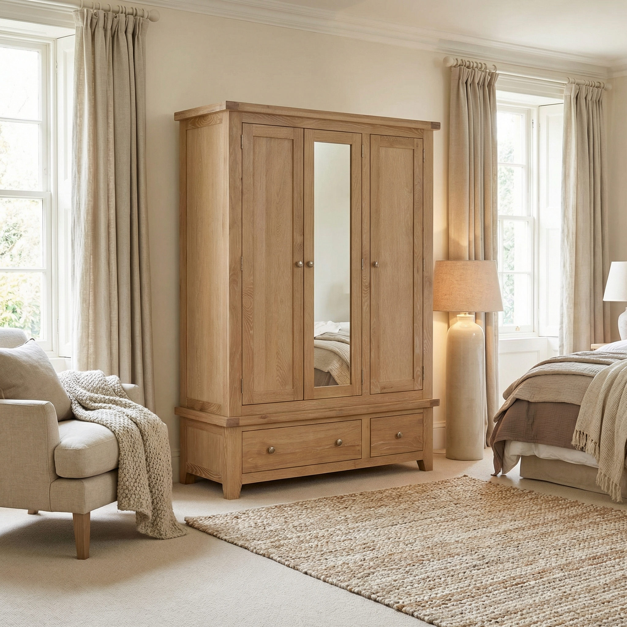 The Burford Triple Wardrobe with 2 Drawers in Natural Oak features a central mirror and offers versatile storage for bedrooms with neutral décor and plenty of natural light.