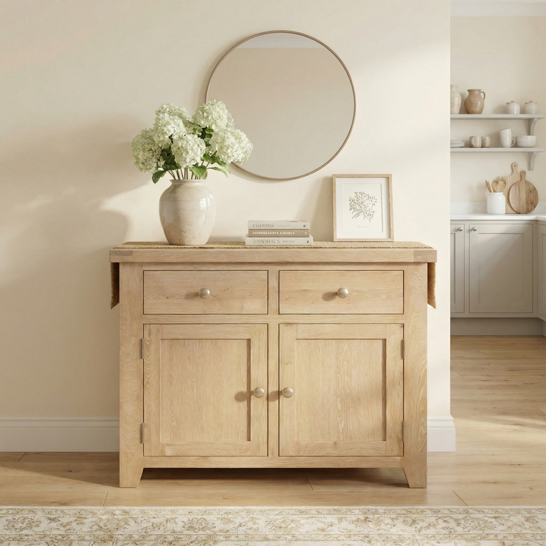 Burford 2 Door 2 Drawers Sideboard in Natural Oak styled with flowers, books, and framed art beneath a round mirror in a neutral-toned room.