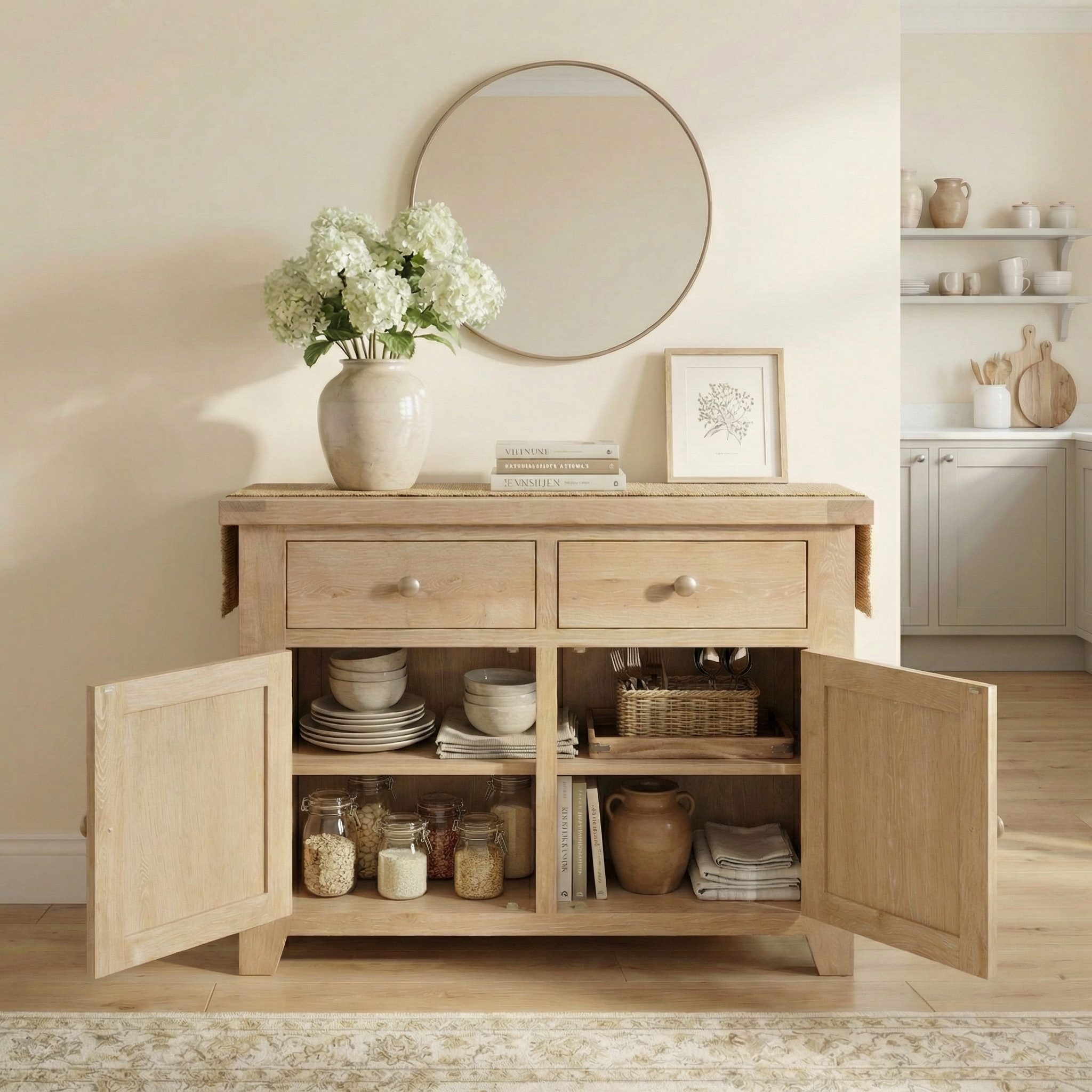 The Burford 2 Door 2 Drawers Sideboard in Natural Oak, adorned with jars, dishes, and a vase of white flowers beneath a round mirror, showcases the refined charm of rustic oak furniture.